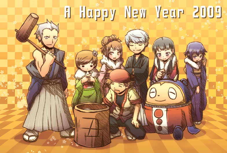 tamago, tamago (artist), tamago (yotsumi works), amagi yukiko, hanamura yousuke, kujikawa rise, kuma (persona 4), narukami yu, satonaka chie, shirogane naoto, tatsumi kanji, atlus, persona, persona 4, 3boys, 4girls, alternate costume, everyone, food, japanese clothes, kimono, mochi, multiple boys, multiple girls, new year, wagashi