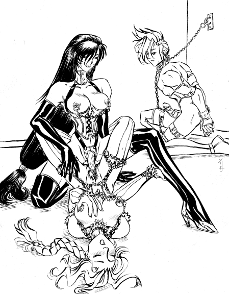 chocozell, aerith gainsborough, cloud strife, tifa lockhart, final fantasy, final fantasy vii, 1990s (style), 1boy, 2girls, bdsm, blush, bondage, bondage male, boots, bound, breasts, dildo, elbow gloves, femdom, gloves, greyscale, high heels, large breasts, monochrome, multiple girls, nipples, penis, pussy, retro artstyle, sex toy, shoes, strap-on, thigh boots, thighhighs, yuri