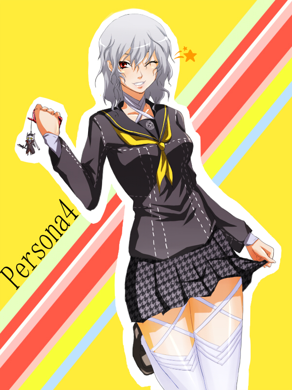 toki (tokihakashi), izanagi (persona 4), izanami (persona), atlus, persona, persona 4, 1girl, cellphone, charm (object), female focus, one eye closed, phone, school uniform, serafuku, solo, thighhighs, wink