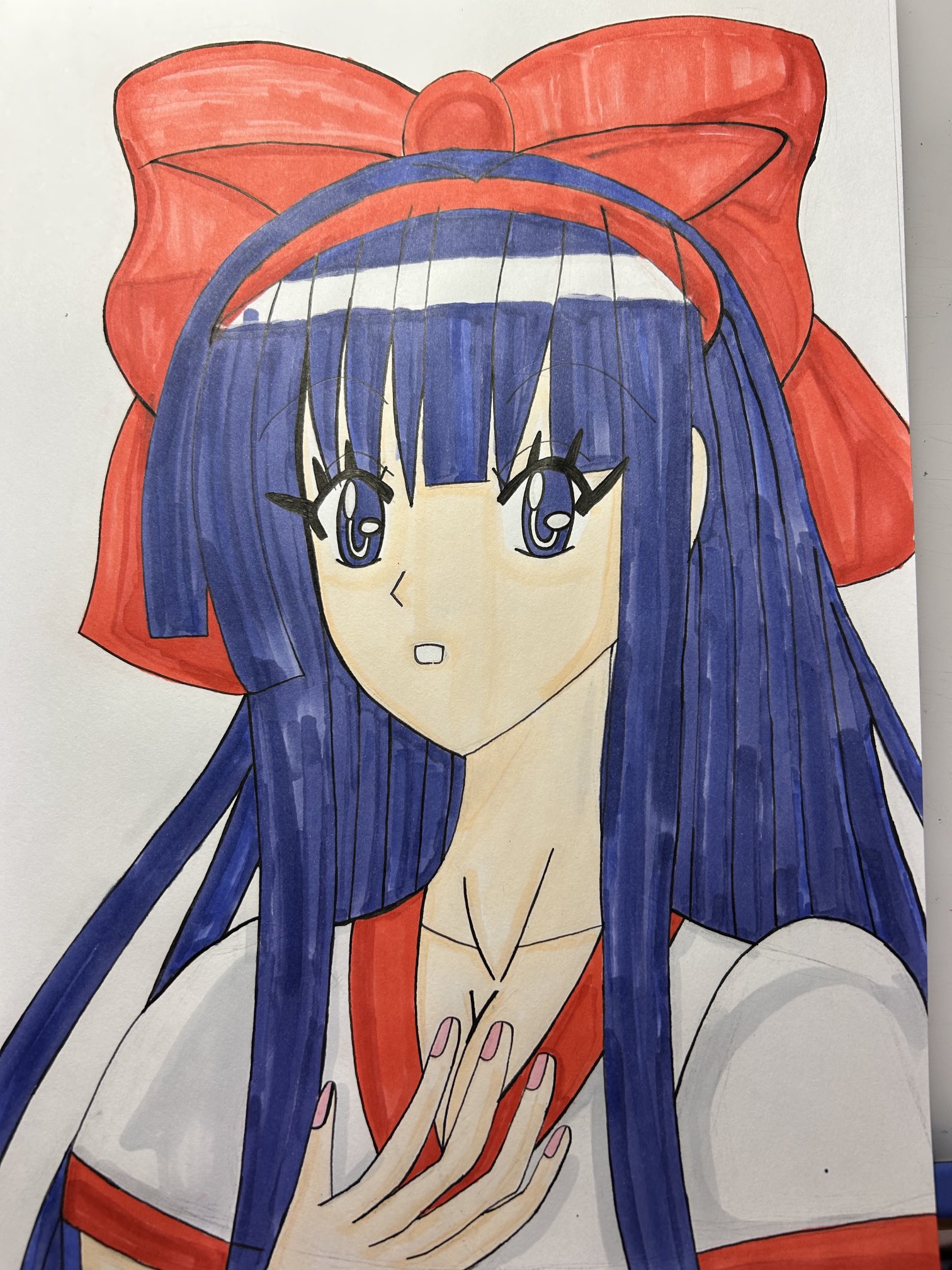 nakoruru, samurai spirits, snk, the king of fighters, highres, traditional media, 1girl, ainu clothes, blue eyes, blue hair, breasts, cleavage, hair ribbon, hand on own chest, long hair, looking at viewer, medium breasts, parted lips, ribbon, solo, teeth