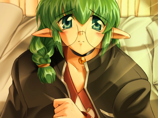 karen (artist), celes leblanc, pastel chime, pastel chime -koi no skill up-, game cg, 1girl, bed, bell, blue eyes, braid, collar, curtains, elf, female focus, glasses, green eyes, green hair, hair between eyes, indoors, jacket, jingle bell, light rays, long hair, long pointy ears, looking at viewer, matching hair/eyes, neck bell, parted lips, pillow, pointy ears, scrunchie, shirt, shirt tug, sidelocks, single braid, solo, sunbeam, sunlight, upper body