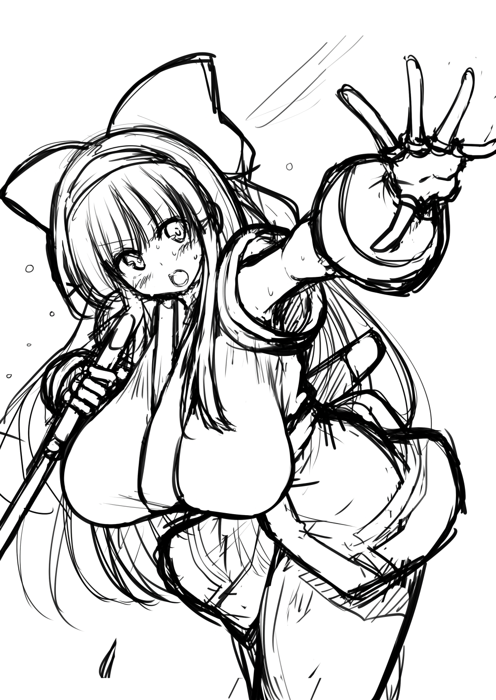 c.r., nakoruru, samurai spirits, snk, the king of fighters, highres, 1girl, ainu clothes, arm up, armpit peek, breasts, clenched hand, fighting stance, fingerless gloves, gloves, hair ribbon, huge breasts, leaning forward, legs, long hair, looking at viewer, monochrome, open mouth, outstretched arm, pants, ribbon, serious, sketch, solo, sweat, teeth, thighs, tongue, weapon