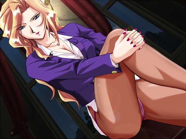 mutou keiji, sanatorium (zyx), game cg, source request, 1girl, blonde hair, breasts, business suit, cleavage, crotch seam, female focus, formal clothes, hugging own legs, long hair, medium breasts, nail polish, panties, panties under pantyhose, pantyhose, pantyshot, pink nails, solo, suit, underwear, upskirt