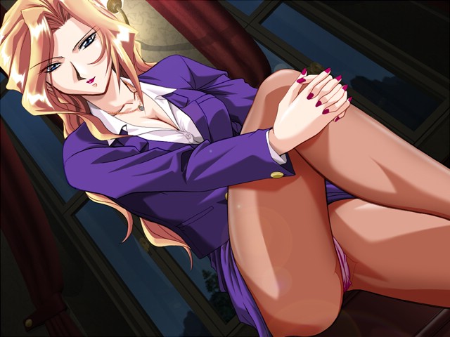 mutou keiji, sanatorium (zyx), game cg, 1girl, blonde hair, breasts, business suit, cleavage, crotch seam, female focus, formal clothes, hugging own legs, long hair, medium breasts, nail polish, panties, panties under pantyhose, pantyhose, pantyshot, pink nails, solo, suit, underwear, upskirt