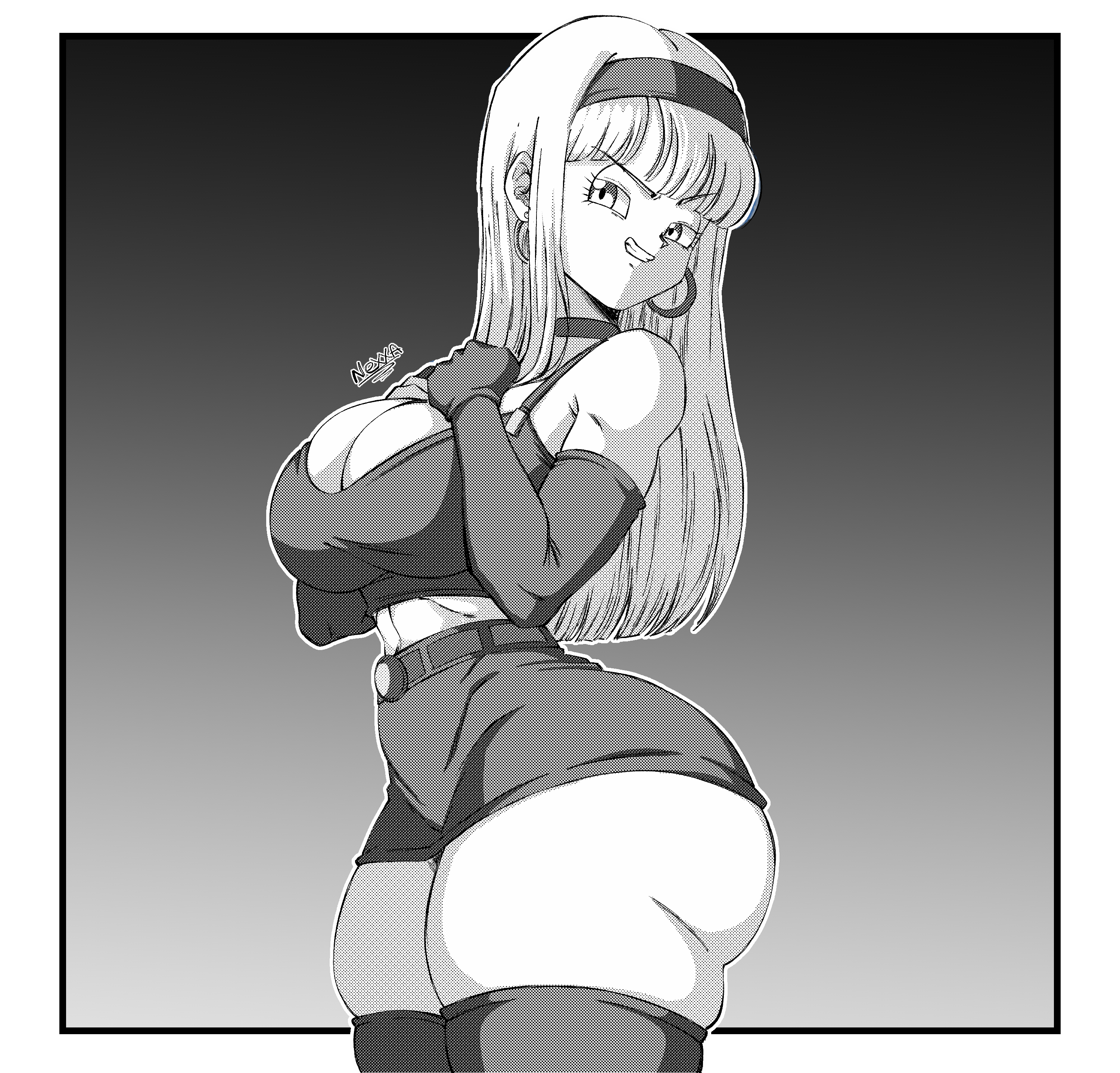 nexx art, bra (dragon ball), dragon ball, dragon ball (classic), absurdres, highres, 1girl, ass, belt, breasts, crop top, earrings, elbow gloves, gloves, hairband, huge ass, jewelry, large breasts, long hair, looking at viewer, midriff peek, open mouth, shorts, sidelocks, skindentation, smile, v-shaped eyebrows