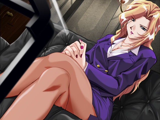mutou keiji, sanatorium (zyx), game cg, 1girl, blonde hair, breasts, business suit, cleavage, crossed legs, female focus, formal clothes, jacket, long hair, nail polish, pantyhose, pencil skirt, pink nails, sitting, skirt, skirt suit, solo, suit