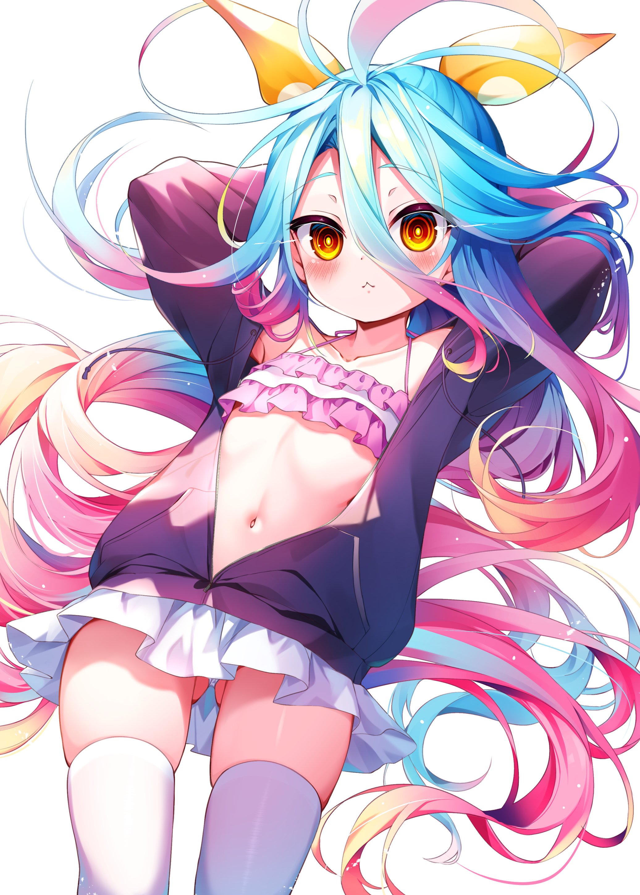 fusen haru, shiro (no game no life), no game no life, absurdres, commentary request, highres, 1girl, :<, arms behind head, bikini, bikini skirt, blonde hair, blue hair, blue jacket, blush, closed mouth, cowboy shot, double-parted bangs, flat chest, floating hair, frilled bikini, frills, gluteal fold, gradient hair, hair between eyes, jacket, long hair, long hair between eyes, looking at viewer, multicolored hair, navel, orange hair, partially unzipped, pink hair, polka dot, simple background, skindentation, solo, standing, swimsuit, thighhighs, track jacket, very long hair, white background, white bikini, white thighhighs, yellow eyes