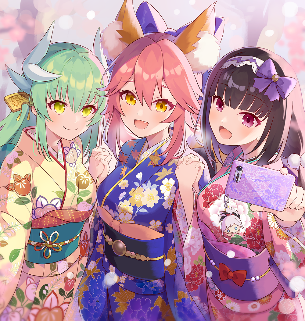 iincho (airi8751), kiyohime (fate), osakabehime (fate), tamamo no mae (fate), fate/extra, fate/grand order, fate (series), tamamo (fate), 3girls, animal ear fluff, animal ears, blue bow, blue kimono, blush, bow, breasts, brown hair, cellphone, dragon girl, dragon horns, floral print, fox ears, fox girl, fox tail, green hair, hair between eyes, hair bow, hairband, happy new year, holding, holding phone, horns, japanese clothes, kikumon, kimono, large breasts, long hair, looking at viewer, multiple girls, multiple horns, new year, obi, open mouth, peony print, phone, pink hair, pink kimono, purple eyes, sash, selfie, sidelocks, smartphone, smile, tail, twintails, very long hair, wide sleeves, yellow eyes, yellow kimono