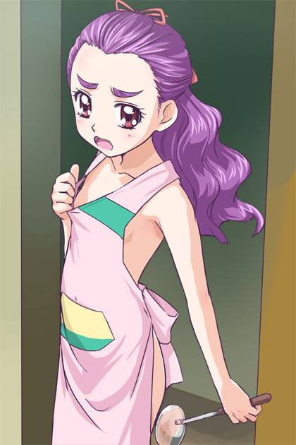 haruyama kazunori, milk (yes! precure 5), mimino kurumi, precure, yes! precure 5, yes! precure 5 gogo!, 00s, 1girl, apron, ass, downblouse, eyelashes, female focus, ladle, long hair, naked apron, nipple slip, nipples, purple hair, pussy, red eyes, reflection, solo