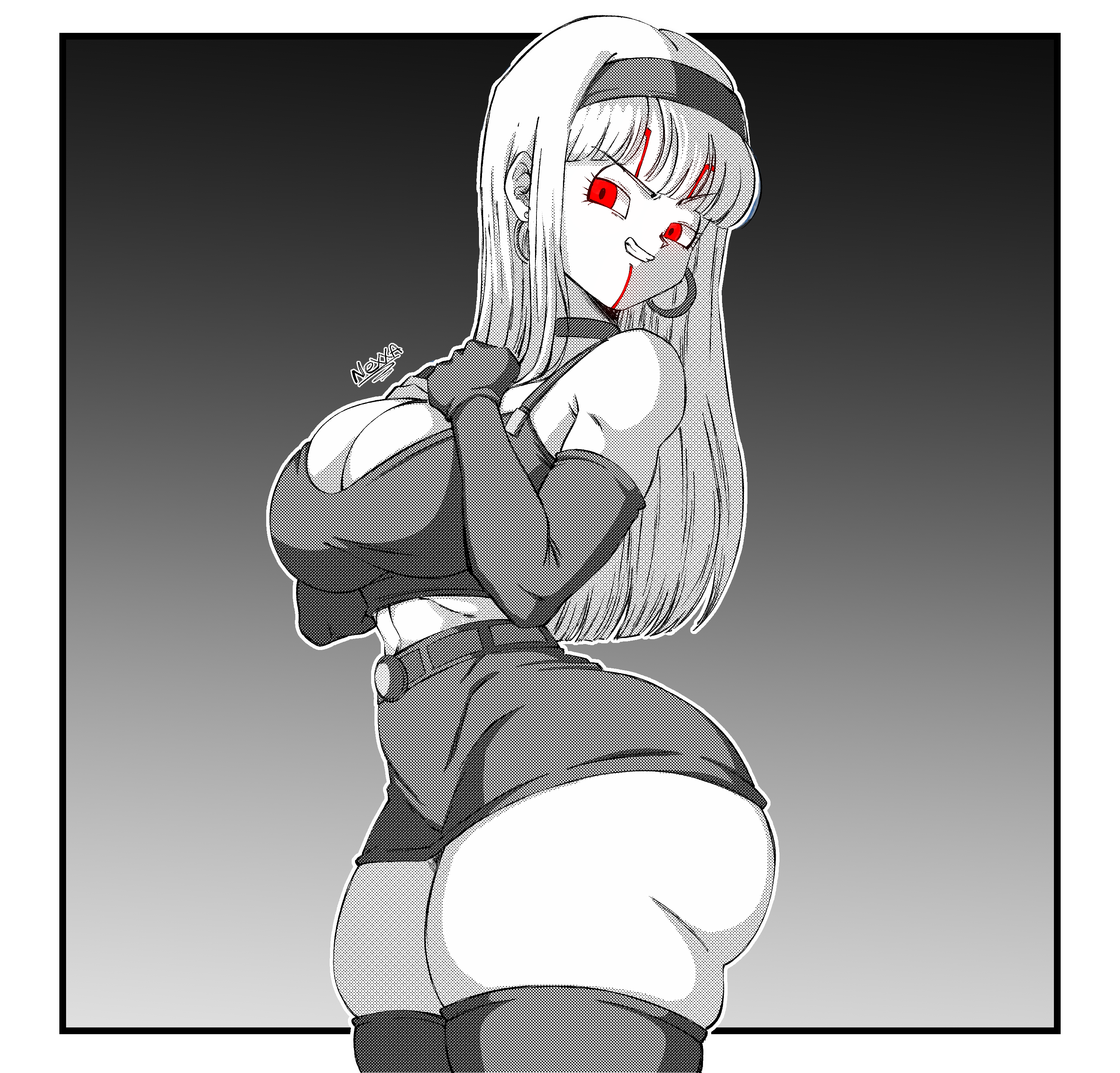 nexx art, baby (dragon ball), bra (dragon ball), dragon ball, dragon ball (classic), absurdres, highres, 1girl, ass, belt, breasts, crop top, earrings, elbow gloves, gloves, hairband, huge ass, jewelry, large breasts, long hair, looking at viewer, midriff peek, open mouth, parasite, possessed, red eyes, shorts, sidelocks, skindentation, smile, v-shaped eyebrows