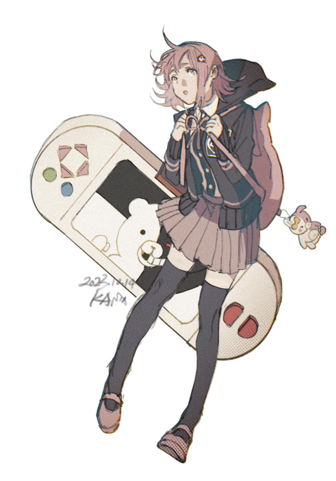 disappearoften, monokuma, monomi (danganronpa), nanami chiaki, danganronpa (series), danganronpa 2: goodbye despair, commentary request, highres, 1girl, artist name, backpack, bag, black jacket, black shirt, black thighhighs, bow, buttons, charm (object), collared shirt, dated, emblem, full body, hair between eyes, hair ornament, handheld game console, hands up, hood, hooded jacket, jacket, long sleeves, looking at viewer, neck ribbon, open clothes, open jacket, open mouth, pink bag, pink eyes, pink hair, pink ribbon, pink shoes, pleated skirt, purple skirt, ribbon, shirt, shoes, short hair, simple background, skirt, solo, standing, stuffed animal, stuffed toy, teddy bear, thighhighs, white background, yellow bow