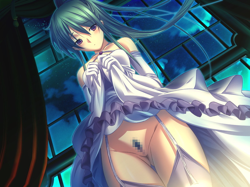 m&m, atelier kaguya, dungeon crusaderz, dungeon crusaderz 2, dungeon crusaderz 2 eternal paradise, game cg, 1girl, ass, blush, censored, clothes lift, detached sleeves, dress, dress lift, evening gown, female focus, female pubic hair, formal clothes, garter straps, green hair, hip focus, long hair, mosaic censoring, night, no panties, pubic hair, purple eyes, pussy, solo, thighhighs, window