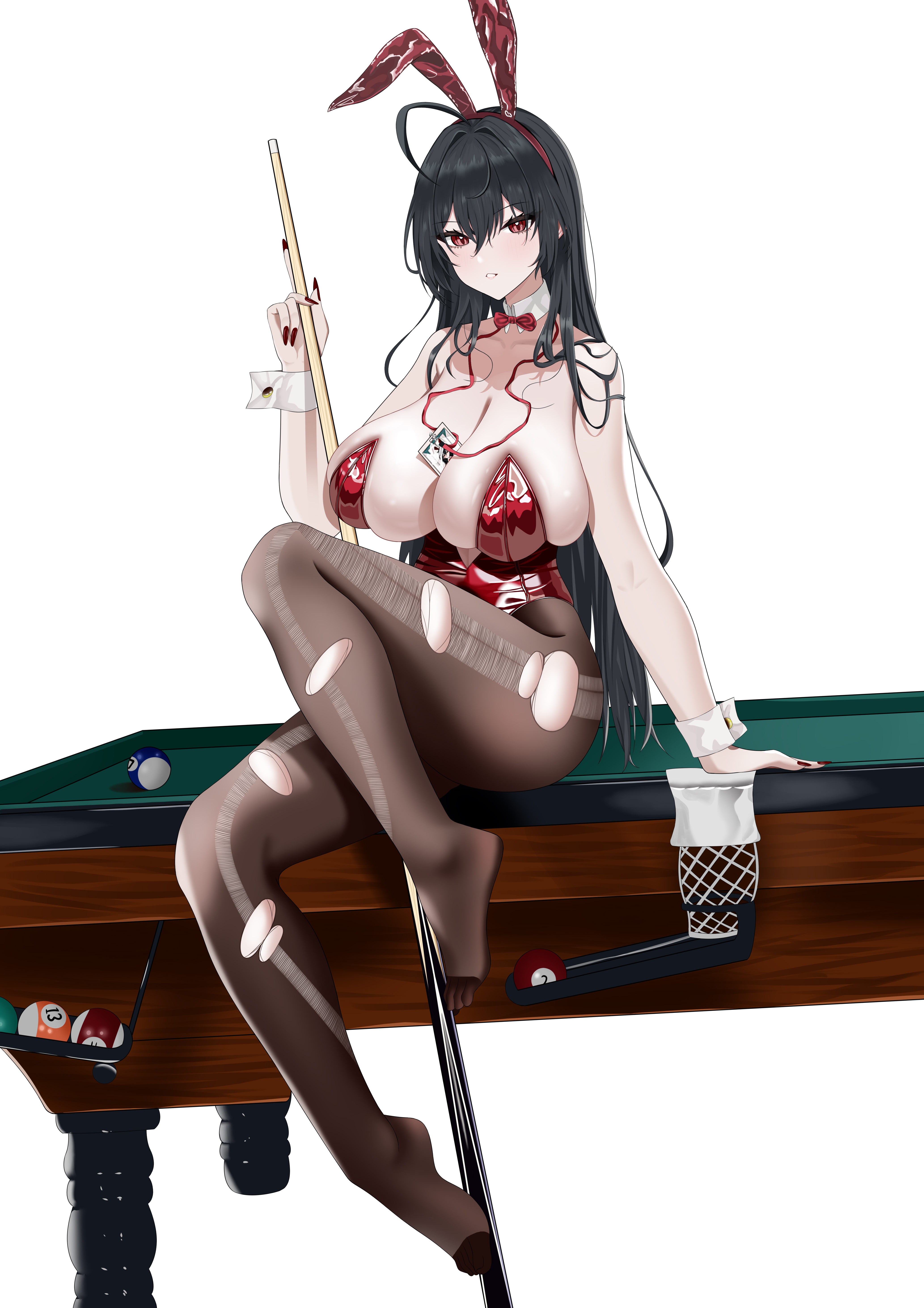 ru keng qi keng, taihou (azur lane), taihou (fun on the baize) (azur lane), azur lane, absurdres, commentary, highres, variant set, 1girl, animal ear hairband, animal ears, ball, bare shoulders, billiard ball, black hair, bow, bowtie, breasts, brown pantyhose, cleavage, collarbone, cue stick, fake animal ears, full body, hairband, holding cue stick, huge breasts, leotard, long hair, looking at viewer, nail polish, official alternate costume, on table, pantyhose, playboy bunny, pool table, rabbit ear hairband, rabbit ears, red bow, red bowtie, red eyes, red leotard, red nails, simple background, sitting, solo, strapless, strapless leotard, table, torn clothes, torn pantyhose, undersized breast cup, white background, white wrist cuffs, wrist cuffs