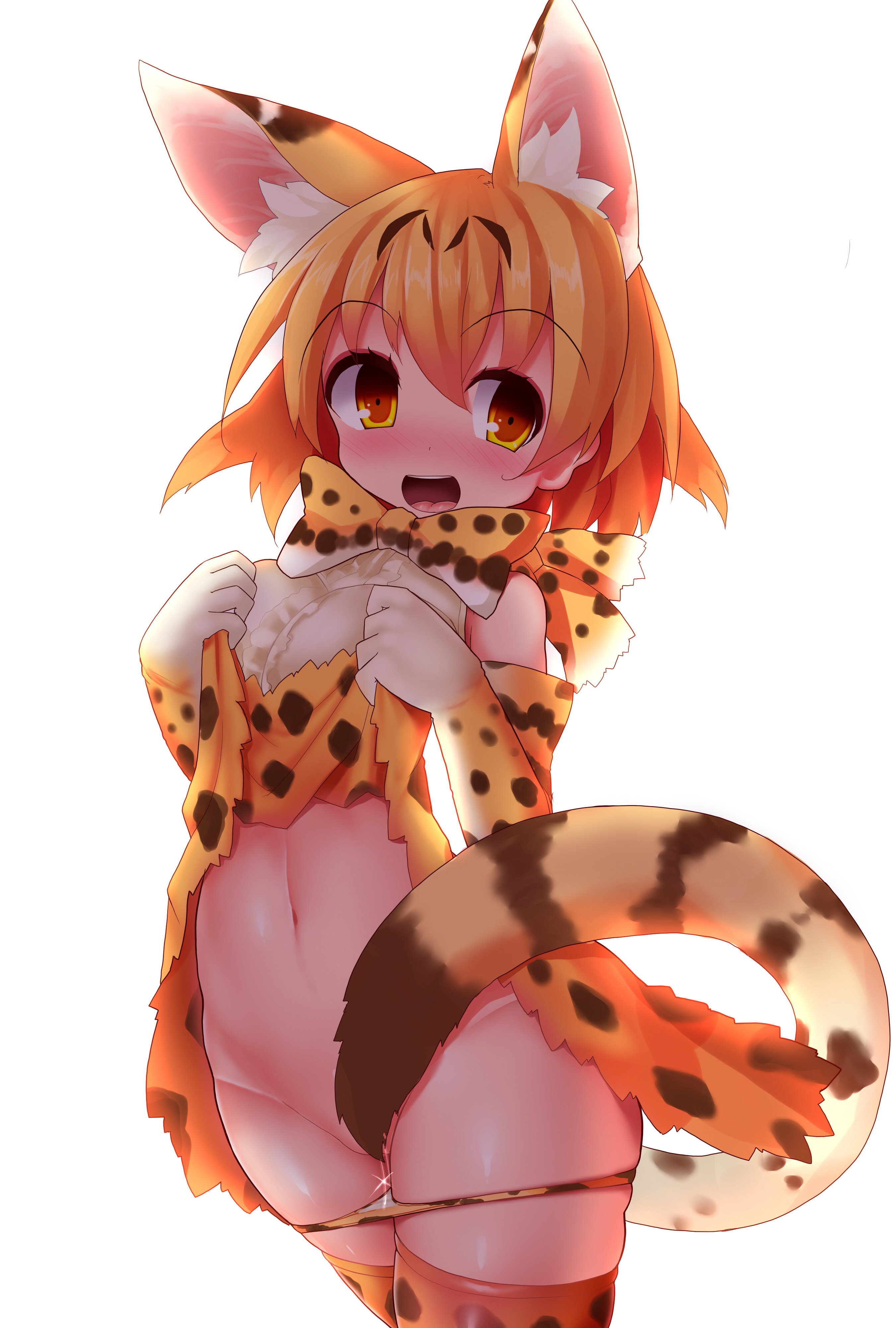 nagai wataru, serval (kemono friends), kemono friends, absurdres, highres, 1girl, animal ears, animal print, blonde hair, blush, bow, bowtie, breasts, clothes lift, convenient censoring, covering crotch, covering privates, elbow gloves, extra ears, flashing, gloves, helmet, high-waist skirt, lifting own clothes, looking at viewer, navel, open mouth, orange bow, orange bowtie, panties, pith helmet, print bow, print bowtie, print gloves, print panties, print skirt, pussy juice, shirt, short hair, skirt, skirt lift, sleeveless, smile, solo, striped tail, tail, tail censor, two-tone bow, two-tone bowtie, underwear, unworn panties