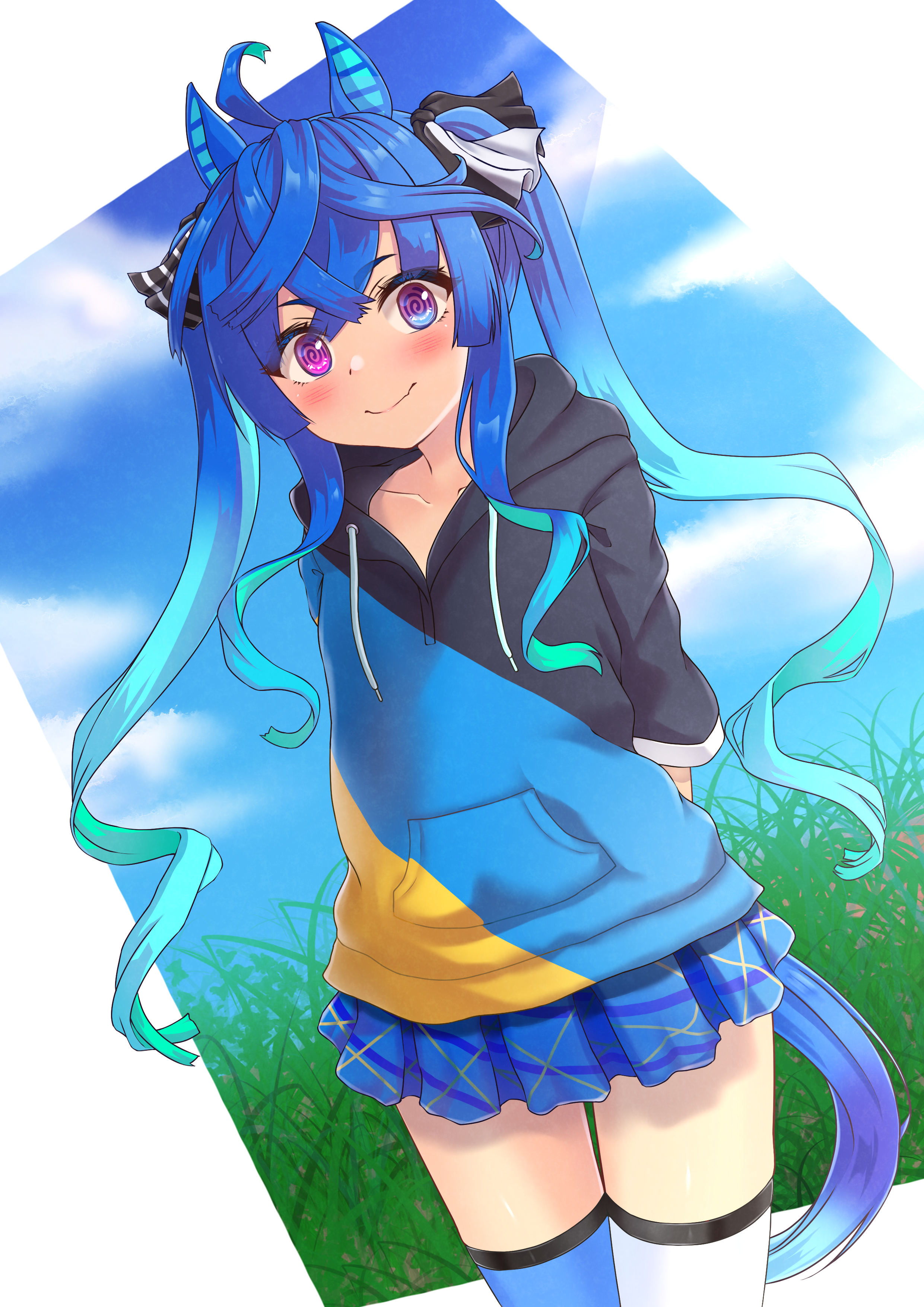 umatoriinnnu, twin turbo (casual) (umamusume), twin turbo (umamusume), umamusume, absurdres, commentary request, highres, 1girl, @ @, ahoge, animal ears, aqua hair, arms behind back, asymmetrical legwear, blue eyes, blue hair, blue skirt, blue sky, blue thighhighs, blush, bow, casual, closed mouth, cloud, cowboy shot, crossed bangs, day, drawstring, grass, hair bow, heterochromia, hood, hoodie, horse ears, horse girl, horse tail, long hair, looking at viewer, miniskirt, mismatched legwear, multicolored hair, multicolored hoodie, official alternate costume, outside border, purple eyes, sidelocks, skirt, sky, smile, solo, standing, striped bow, tail, thighhighs, three-quarter sleeves, twintails, two-tone hair, very long hair, white thighhighs, zettai ryouiki