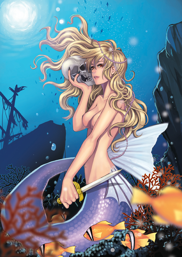 briska, original, 1girl, beads, black nails, blonde hair, breasts, bubble, clownfish, coral, female focus, fins, fish, floating hair, jewelry, knife, light smile, long hair, looking at viewer, mermaid, monster girl, nail polish, nude, parted lips, red eyes, reverse grip, scales, skull, solo, sunlight, underwater, wavy hair, weapon