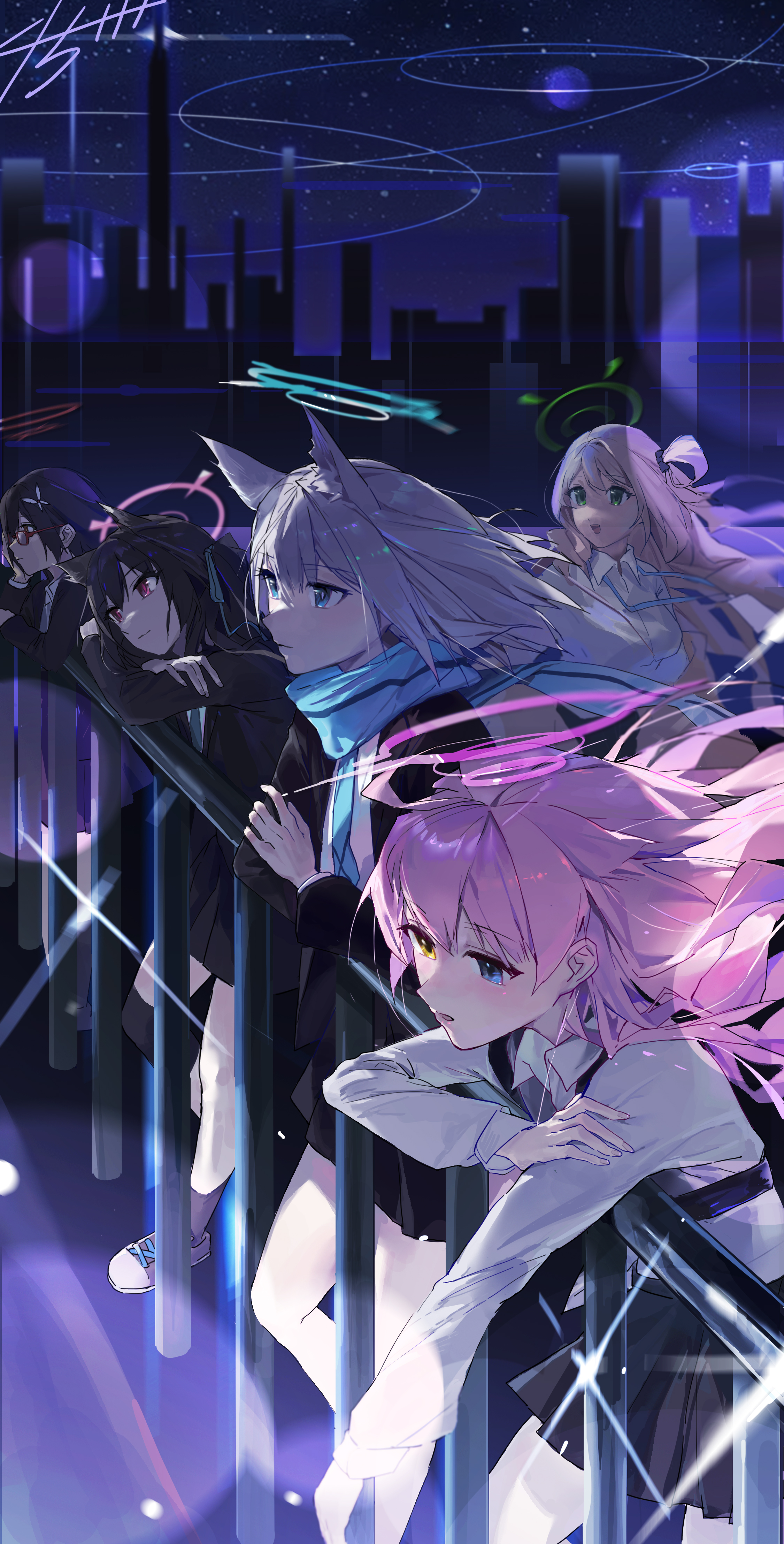 ayane (blue archive), hoshino (blue archive), nonomi (blue archive), serika (blue archive), shiroko (blue archive), blue archive, absurdres, commentary request, highres, 5girls, aa45081, against railing, animal ear fluff, animal ears, aqua scarf, artist name, black hair, black jacket, blonde hair, blue eyes, blue halo, blue scarf, cat ears, cat girl, city, foreclosure task force (blue archive), glasses, green eyes, green halo, grey hair, hair bun, hair ornament, hair ribbon, halo, heterochromia, id card, jacket, lanyard, long hair, medium hair, mismatched pupils, multiple girls, night, night sky, pink hair, pink halo, railing, red eyes, red halo, ribbon, scarf, shirt, short hair, signature, single side bun, skirt, sky, skyline, twintails, white shirt, wolf ears, wolf girl, yellow eyes, yellow jacket