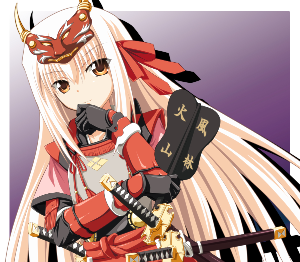 gucchi, takeda shingen (sengoku hime), sengoku hime, 1girl, armor, blonde hair, female focus, gauntlets, gloves, hair ribbon, hand fan, horns, japanese armor, katana, kote, long hair, mask, orange eyes, ribbon, samurai, sheath, smile, solo, sword, very long hair, weapon, white hair