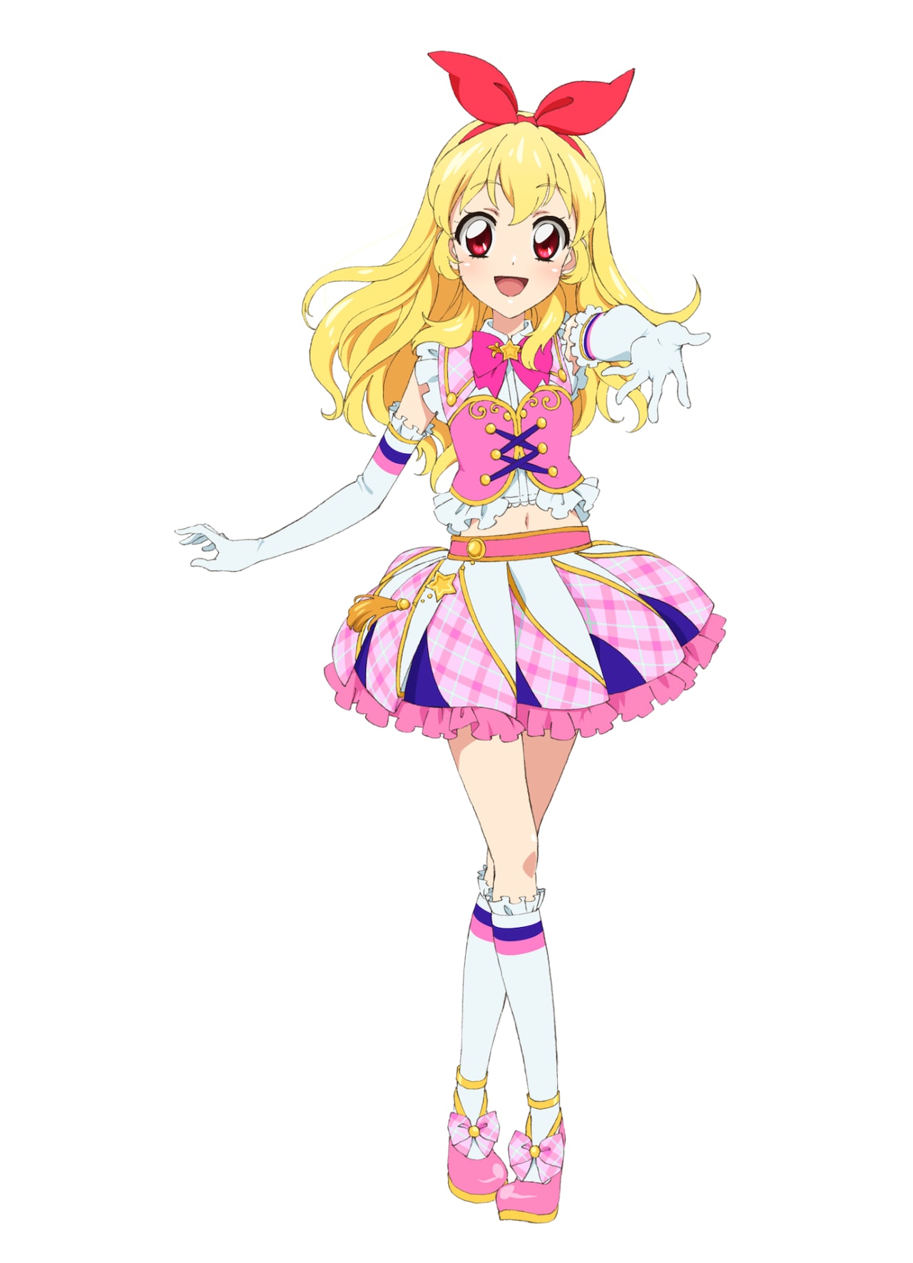 hoshimiya ichigo, aikatsu!, aikatsu! (series), aikatsu on parade!, highres, official art, second-party source, 1girl, :d, blonde hair, bow, bowtie, crossed legs, elbow gloves, frilled shirt, frilled skirt, frilled socks, frills, full body, gloves, hair bow, hairband, hand up, idol clothes, kneehighs, long hair, looking at viewer, midriff, miniskirt, open mouth, outstretched hand, pink bow, pink bowtie, pink shirt, pink shoes, pink skirt, plaid clothes, plaid skirt, pleated skirt, reaching, reaching towards viewer, red bow, red eyes, red hairband, shirt, shoes, simple background, skirt, smile, socks, solo, standing, star (symbol), white background, white gloves, white socks