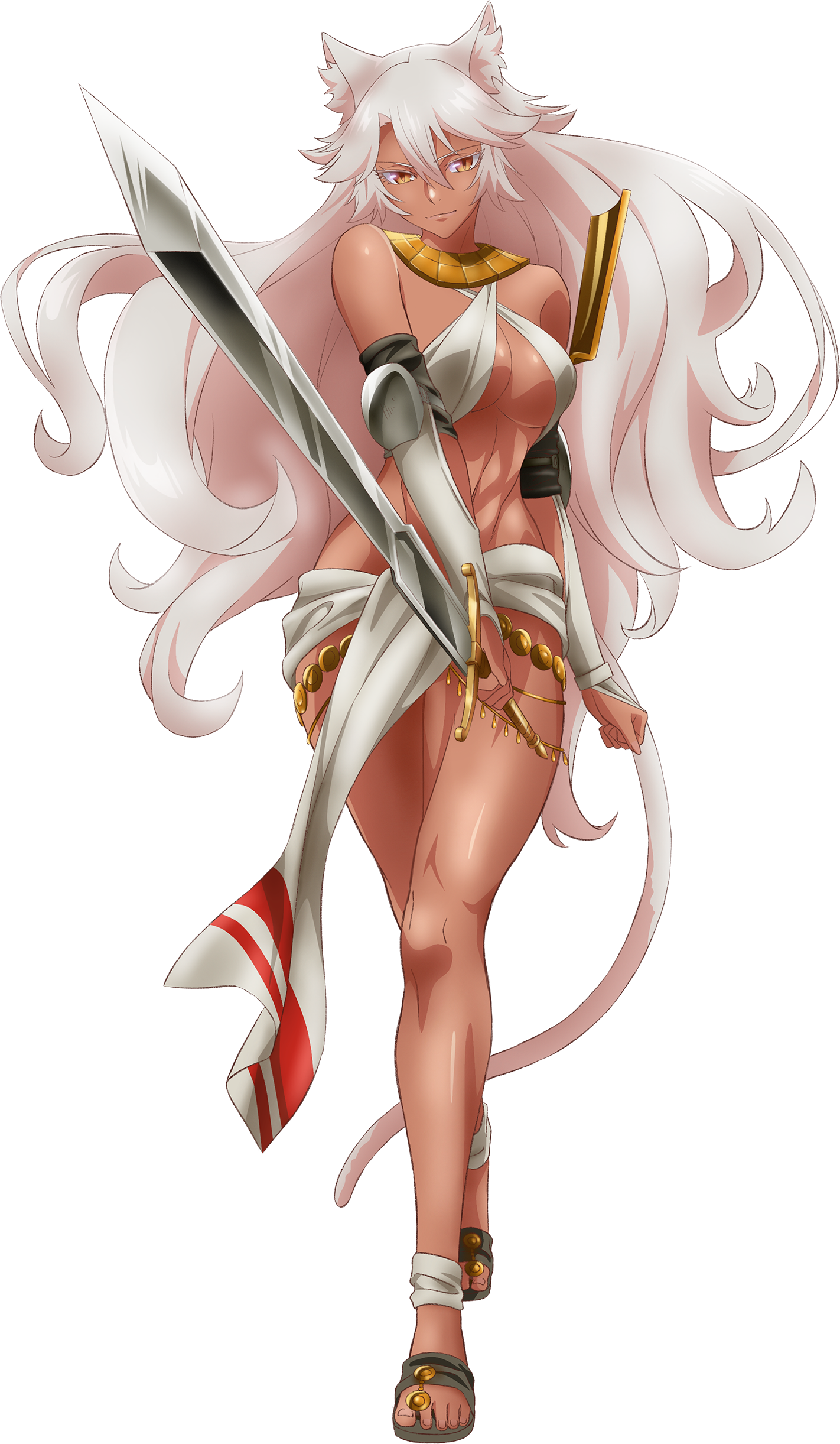 granat needakitta, kekkon yubiwa monogatari, absurdres, highres, official art, 1girl, abs, animal ear fluff, animal ears, bare shoulders, black sandals, breasts, bridal gauntlets, cat ears, cat girl, cat tail, cleavage, closed mouth, dark-skinned female, dark skin, detached sleeves, female focus, full body, fundoshi, holding, holding sword, holding weapon, japanese clothes, jewelry, large breasts, legs, long hair, long sleeves, looking at viewer, midriff, navel, no bra, orange eyes, pelvic curtain, revealing clothes, sandals, simple background, sleeveless, smile, solo, solo focus, stomach, sword, tail, tan, thighlet, thighs, tsurime, underboob, very long hair, weapon, white background, white hair, white pelvic curtain, white tail