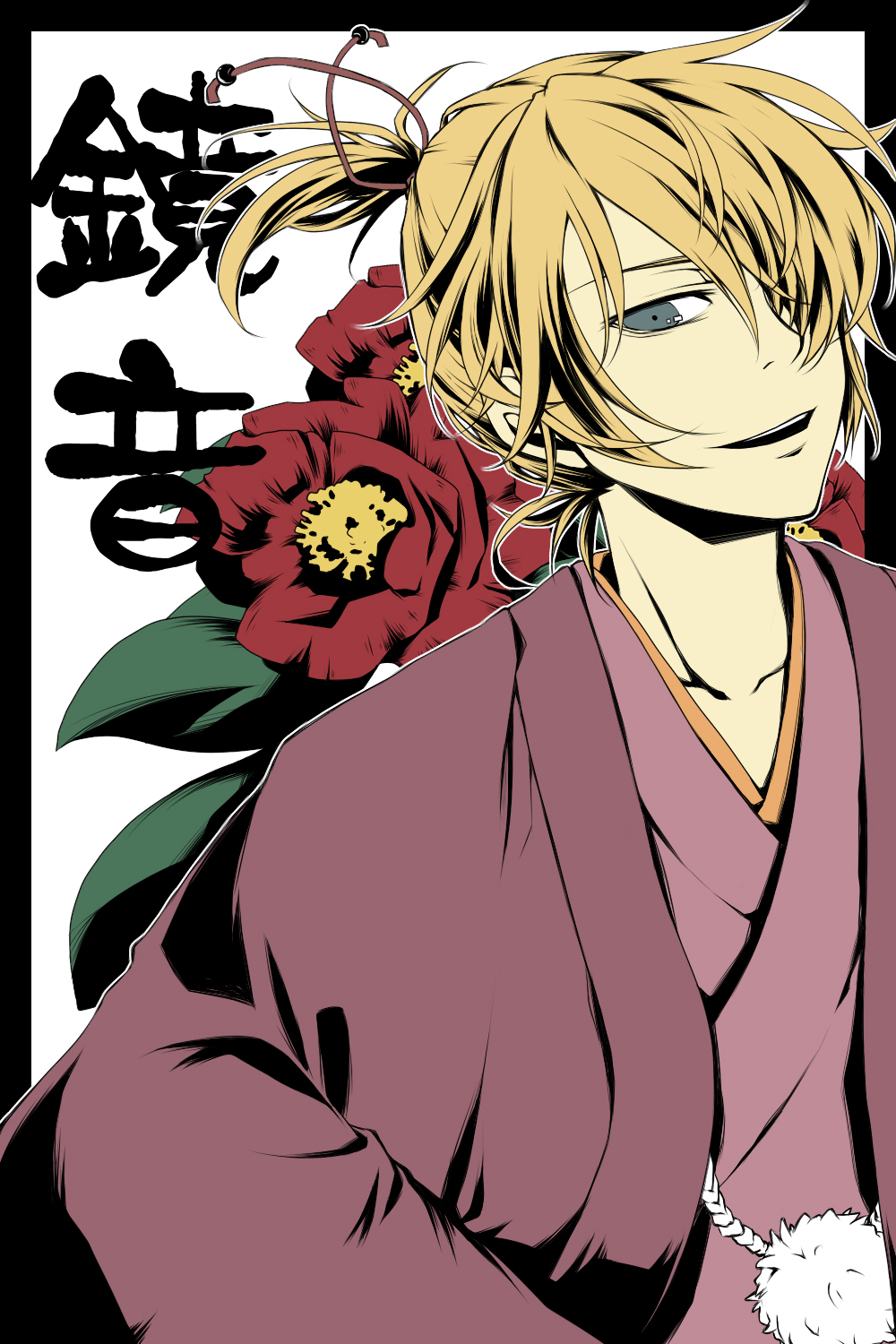 mukkun, kagamine len, kagamine rin, vocaloid, highres, 1boy, alternate hairstyle, camellia, flat color, flower, hair up, high contrast, japanese clothes, male focus, solo