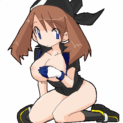 may (pokemon), nintendo, pokemon, alternate breast size, lowres, 1girl, alternate color, bandana, blue eyes, bottomless, breasts, breasts out, brown hair, covering breasts, covering privates, female focus, fingerless gloves, gloves, hat, kneeling, large breasts, long hair, nipples, oekaki, open clothes, open shirt, shirt, simple background, solo, white background