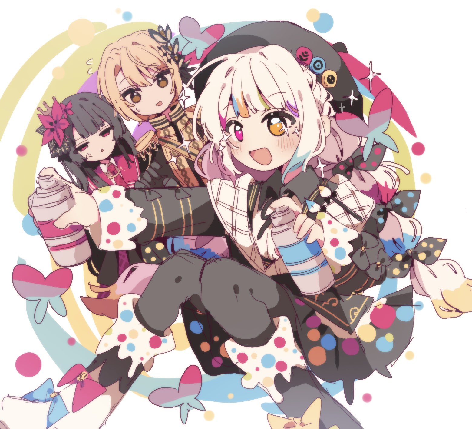 toruriri0718, hasumi leia, jogasaki noah, nikaido hiro, mahou shoujo no majo saiban, highres, 3girls, anger vein, artist painter, beret, black hair, black pantyhose, blonde hair, bow, crown, epaulettes, flower, hair flower, hair ornament, hat, heterochromia, holding, holding spray can, magical girl, multi-tied hair, multicolored butterfly, multiple girls, necktie, paint on body, paint splatter, pantyhose, parted lips, pink eyes, polka dot, polka dot bow, red eyes, red flower, red necktie, sash, short hair, shoulder sash, smile, sparkle, spray can, tied sleeves, yellow eyes