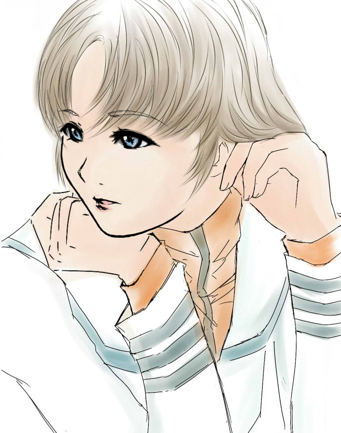 namiehiro, hayase misa, choujikuu yousai macross, macross, 1980s (style), bad id, bad pixiv id, 1girl, adjusting hair, black eyes, blue eyes, brown hair, expressionless, female focus, long sleeves, military, military uniform, oldschool, parted bangs, retro artstyle, simple background, solo, upper body, white background