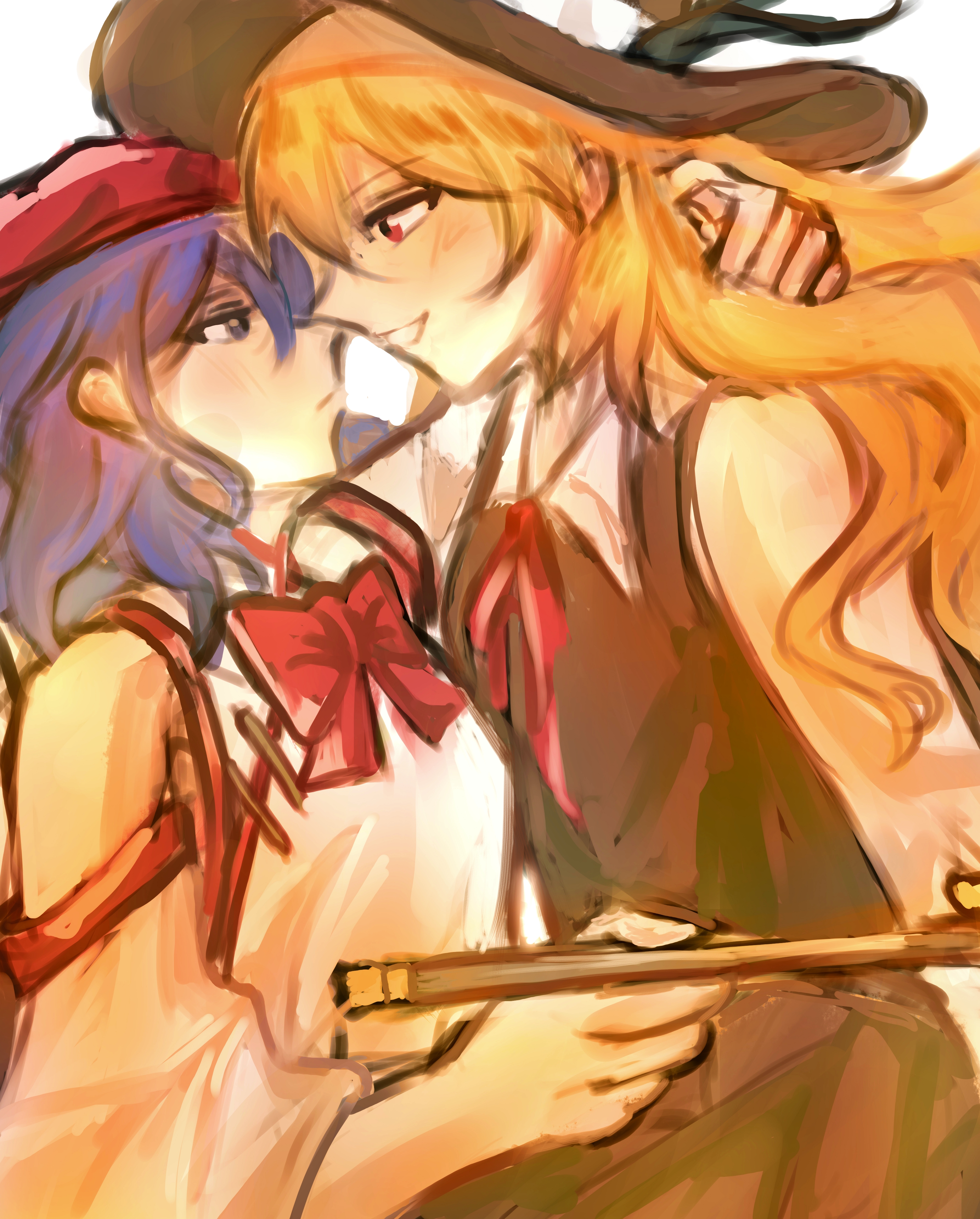 jacket girl (dipp), label girl (dipp), touhou, absurdres, highres, 2girls, :/, black hat, black vest, blonde hair, bow, bowtie, collared shirt, detached sleeves, embarrassed, face-to-face, hand on another's neck, hat, holding, holding smoking pipe, long hair, long sleeves, medium hair, mowuze, multiple girls, neck ribbon, parted lips, purple eyes, purple hair, red bow, red bowtie, red eyes, red ribbon, ribbon, shirt, simple background, sleeveless, sleeveless shirt, smile, smoking pipe, very long hair, vest, white background, white shirt, yuri