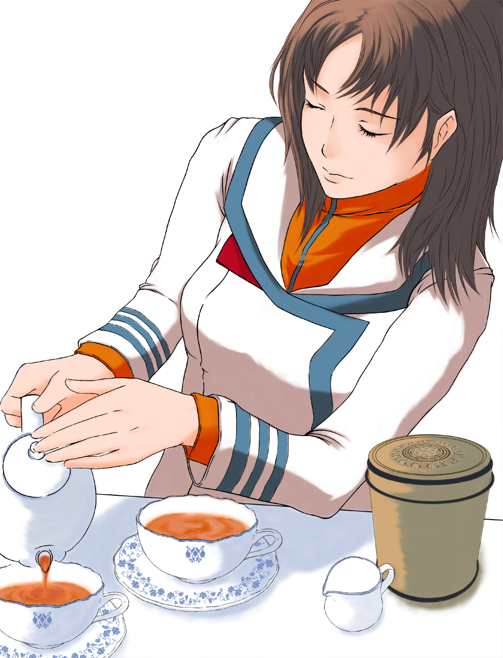 namiehiro, hayase misa, choujikuu yousai macross, macross, 1980s (style), highres, brown hair, closed eyes, oldschool, retro artstyle, solo, tea