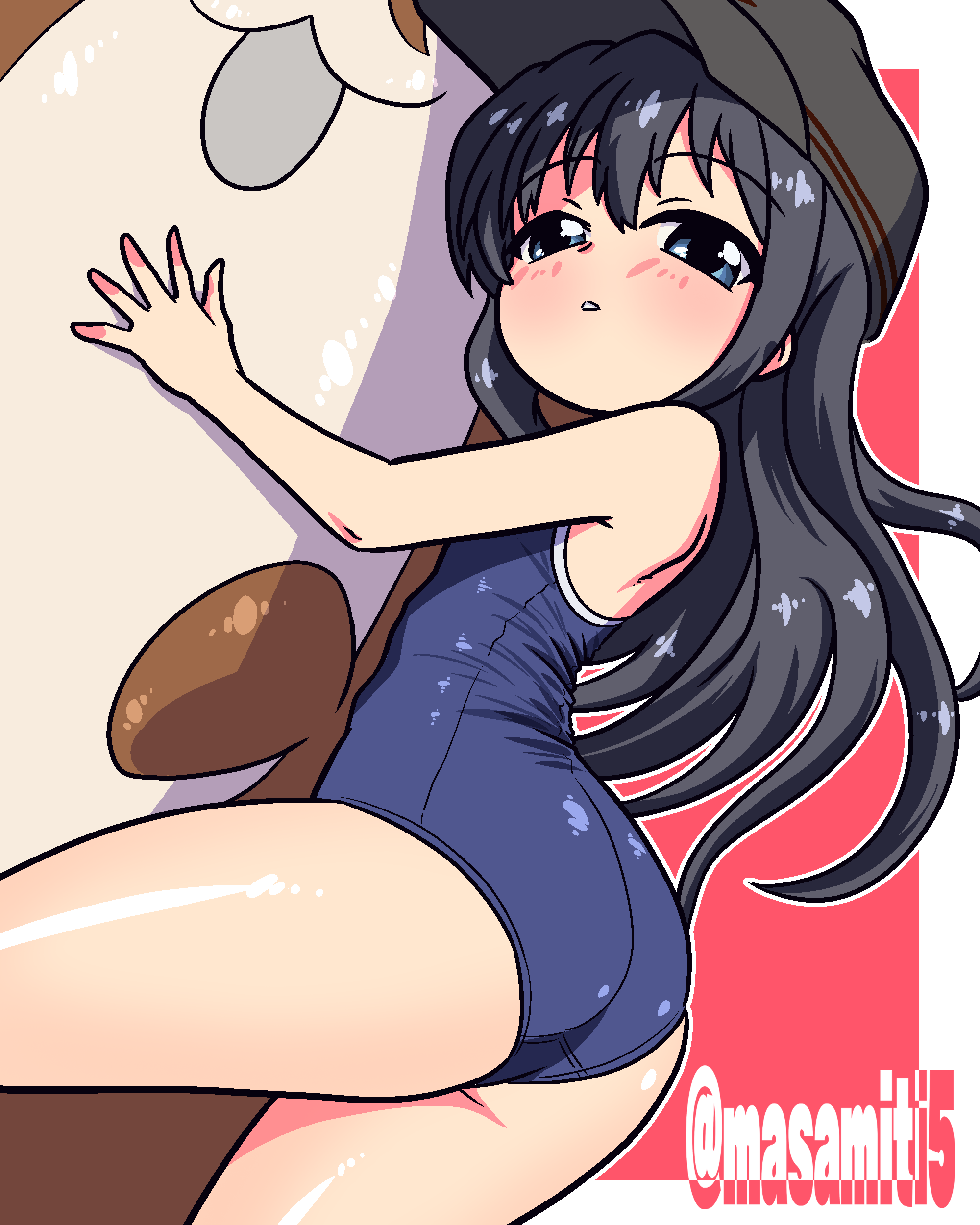 tennouji masamichi, akatsuki (kancolle), kantai collection, absurdres, highres, 1girl, 1other, ass, blush, bokukawauso, competition school swimsuit, flat cap, hat, long hair, open mouth, otter, purple eyes, purple hair, red background, school swimsuit, swimsuit, twitter username, white background