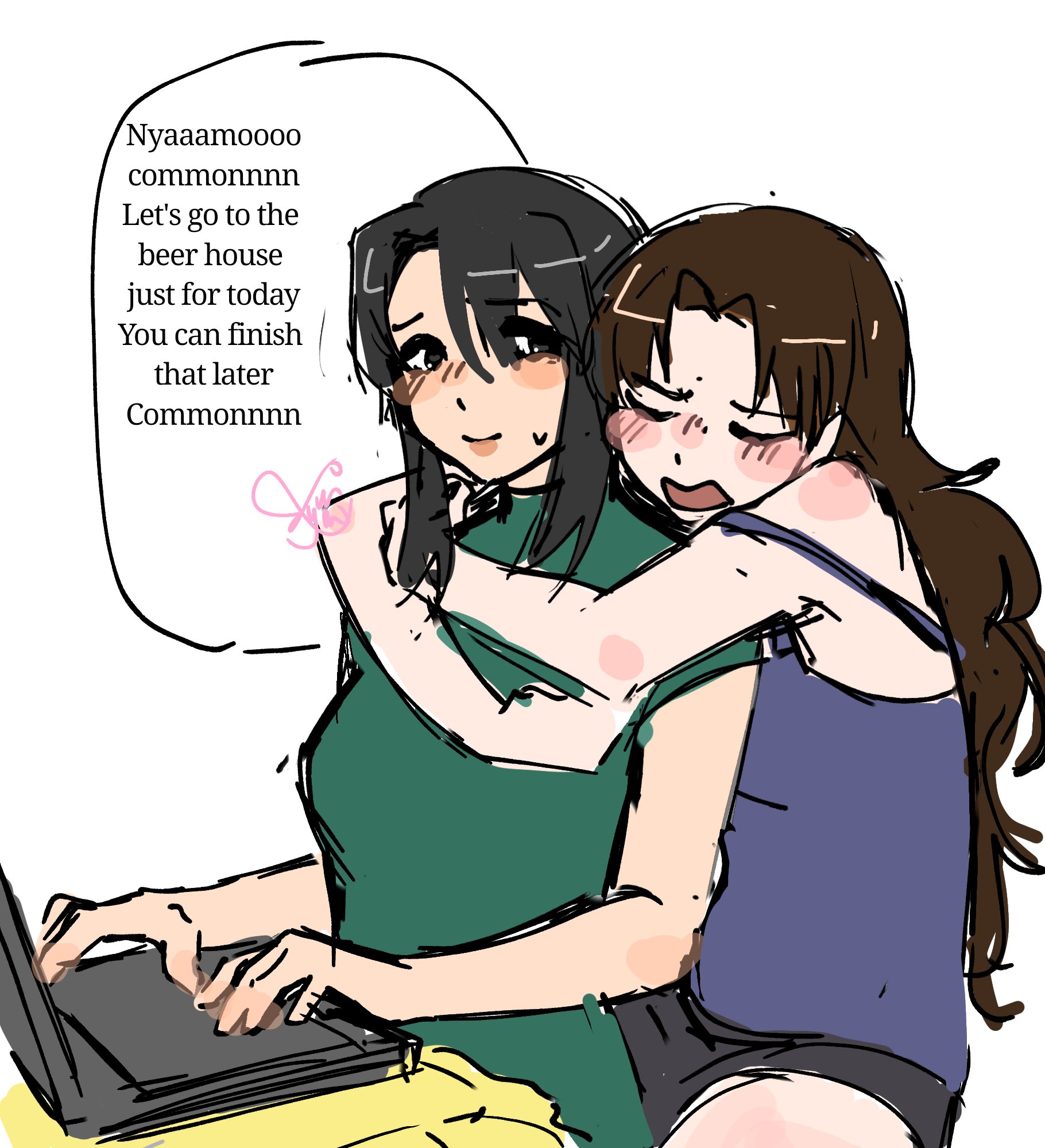 kyuunn, kurosawa minamo, tanizaki yukari, azumanga daiou, highres, 2girls, bare shoulders, black hair, black shorts, blue shirt, brown hair, closed eyes, computer, green shirt, holding, holding laptop, hug, laptop, long hair, multiple girls, open mouth, shirt, shorts, sidelocks, simple background, sleeveless, sleeveless shirt, white background, yuri