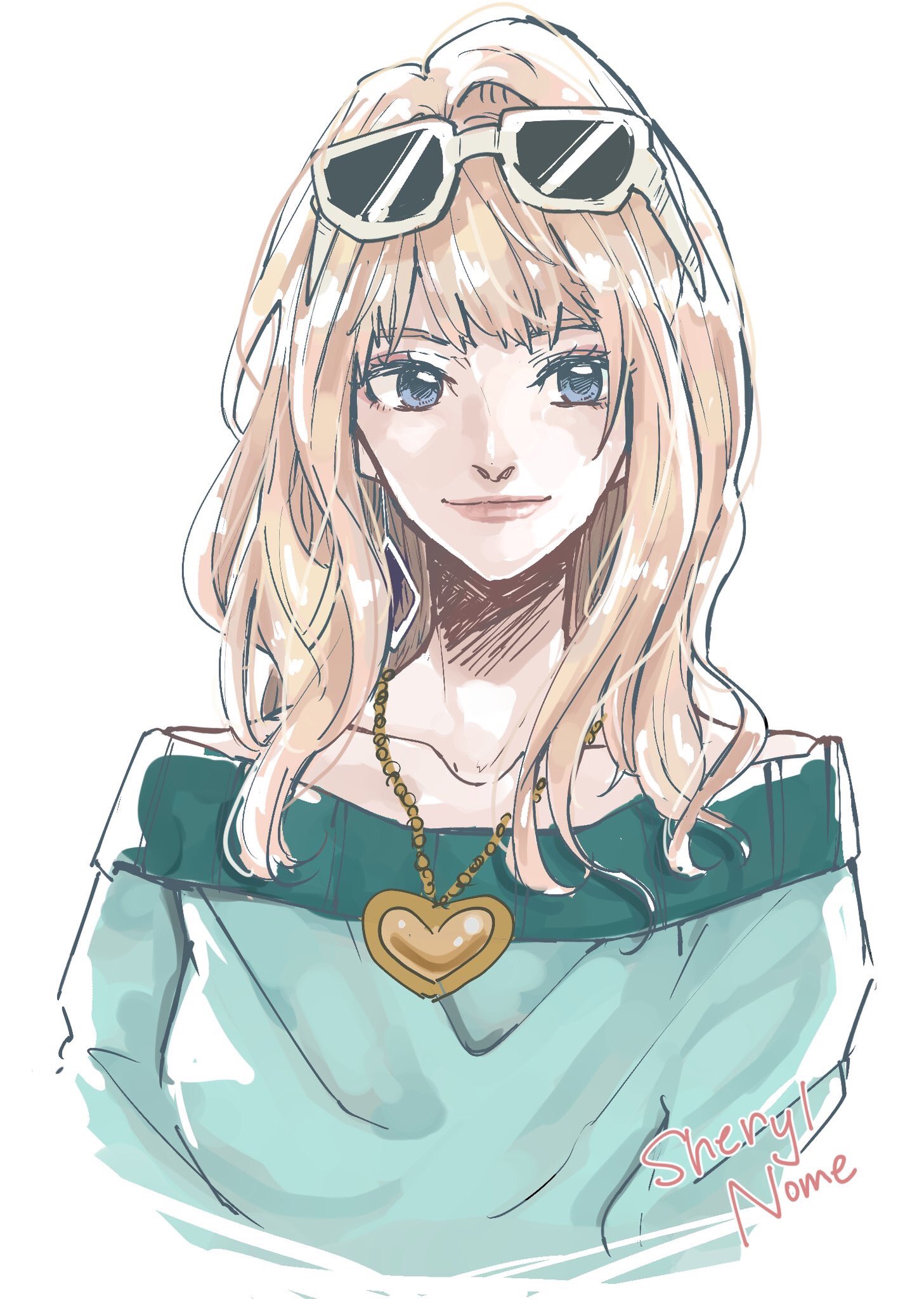 aji of aji55, sheryl nome, macross, macross frontier, commentary request, highres, 1girl, blonde hair, blue eyes, blunt bangs, character name, eyeshadow, eyewear on head, heart pendant, long hair, makeup, mascara, simple background, smile, solo, upper body, white background