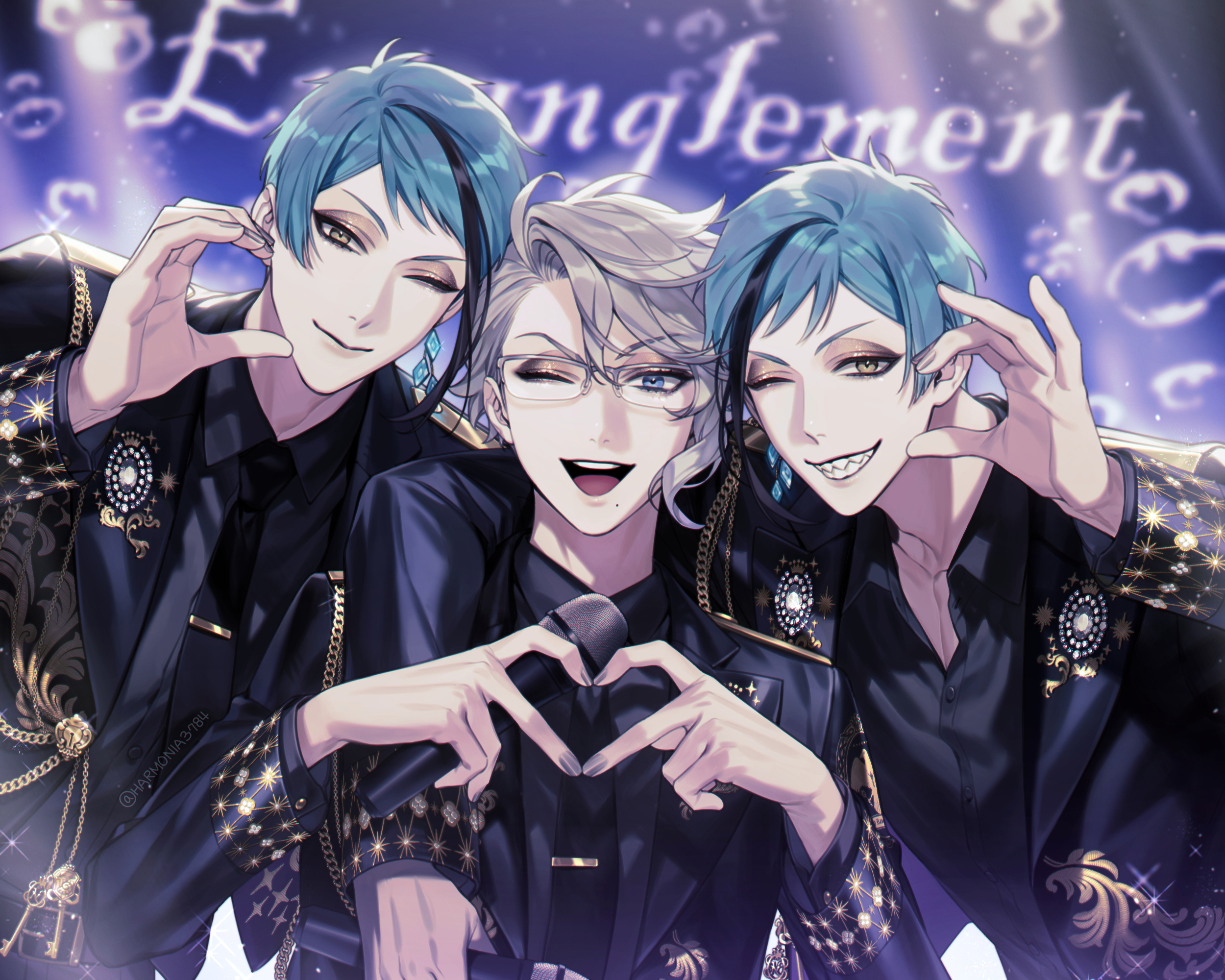 amandasu, azul ashengrotto, floyd leech, jade leech, twisted wonderland, commentary, highres, symbol-only commentary, 3boys, black hair, blue eyes, blue hair, brothers, closed mouth, four-finger heart hands, glasses, grey hair, heart, heart hands, holding, holding microphone, holding with gesture, looking at viewer, male focus, microphone, mole, mole under mouth, multicolored hair, multiple boys, one eye closed, open mouth, semi-rimless eyewear, sharp teeth, short hair, siblings, streaked hair, teeth, tongue, twins, upper body, upper teeth only, yellow eyes