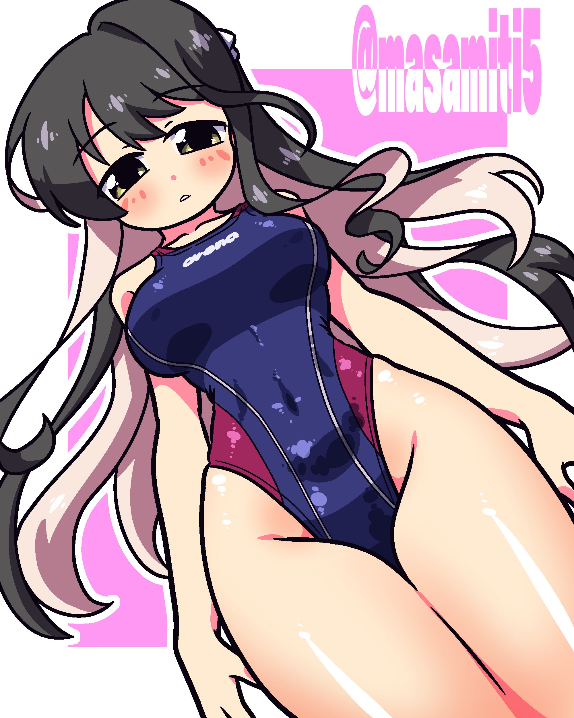 tennouji masamichi, naganami (kancolle), kantai collection, absurdres, highres, 1girl, black hair, blue one-piece swimsuit, blush, breasts, competition swimsuit, covered navel, cowboy shot, dutch angle, large breasts, long hair, looking at viewer, multicolored hair, one-piece swimsuit, pink background, pink hair, smile, solo, swimsuit, twitter username, two-tone hair, two-tone swimsuit, wavy hair, white background, yellow eyes