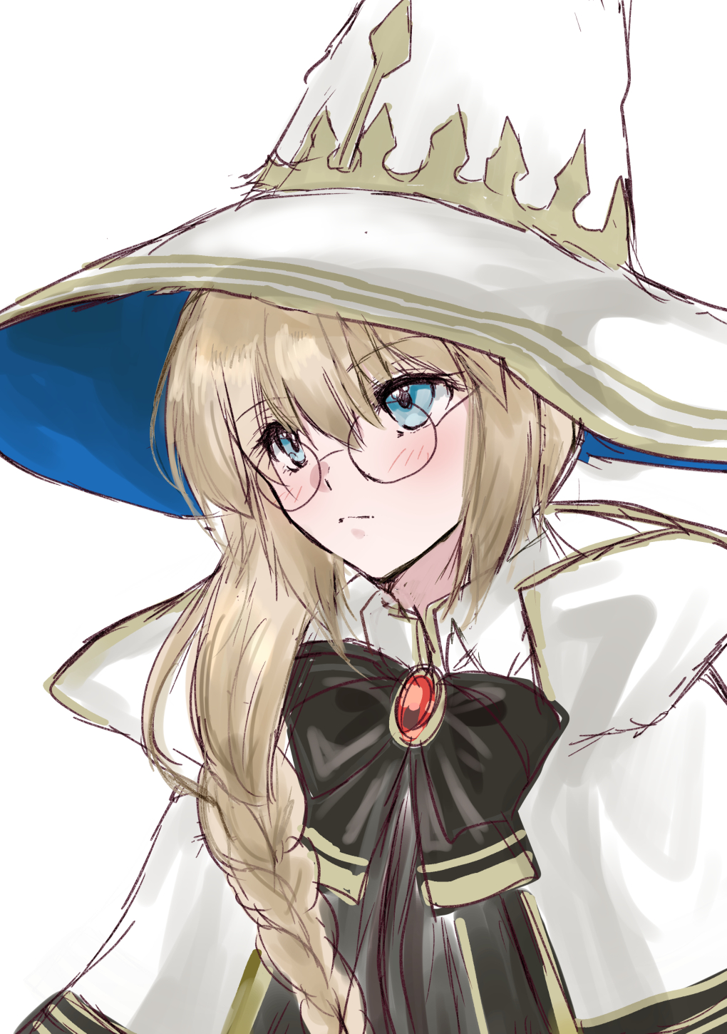 aesc (fate), aesc (rain witch) (fate), fate/grand order, fate (series), highres, 1girl, blonde hair, blue eyes, braid, glasses, hair between eyes, hat, long hair, mikasa tati, simple background, single braid, solo, witch hat