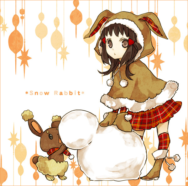 buzz (moi), buneary, dawn (pokemon), nintendo, pokemon, brown footwear, bad id, bad pixiv id, 1girl, animal ears, boots, brown eyes, brown hair, costume, gen 4 pokemon, hood, mittens, pokemon (creature), rabbit ears, skirt, snowman