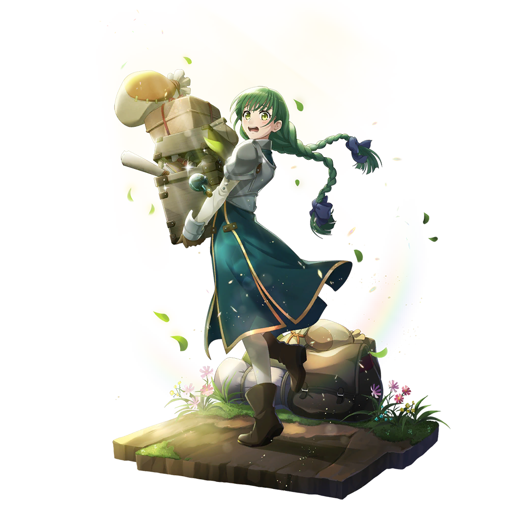 rishia ivyred, tate no yuusha no nariagari, tate no yuusha no nariagari rerise, falling object, artist request, game cg, official art, 1girl, ankle boots, armor, backpack, bag, black ribbon, blue flower, blush, boots, braid, braided ponytail, breastplate, breasts, brown boots, brown gloves, dirt road, eyelashes, falling leaves, floating hair, flower, from side, full body, gloves, grass, green eyes, green hair, green tunic, hair ribbon, high heel boots, high heels, holding, leaf, light particles, long hair, long sleeves, looking at viewer, low twin braids, multiple braids, open mouth, outdoors, pants, pauldrons, pink flower, potion, purple flower, raised eyebrows, ribbon, road, sack, shirt, shoulder armor, side slit, simple background, sleeping bag, sleeveless tunic, small breasts, solo, standing, standing on one leg, sunlight, tachi-e, teeth, tongue, transparent background, tunic, turtleneck tunic, twin braids, white pants, white shirt, yellow flower