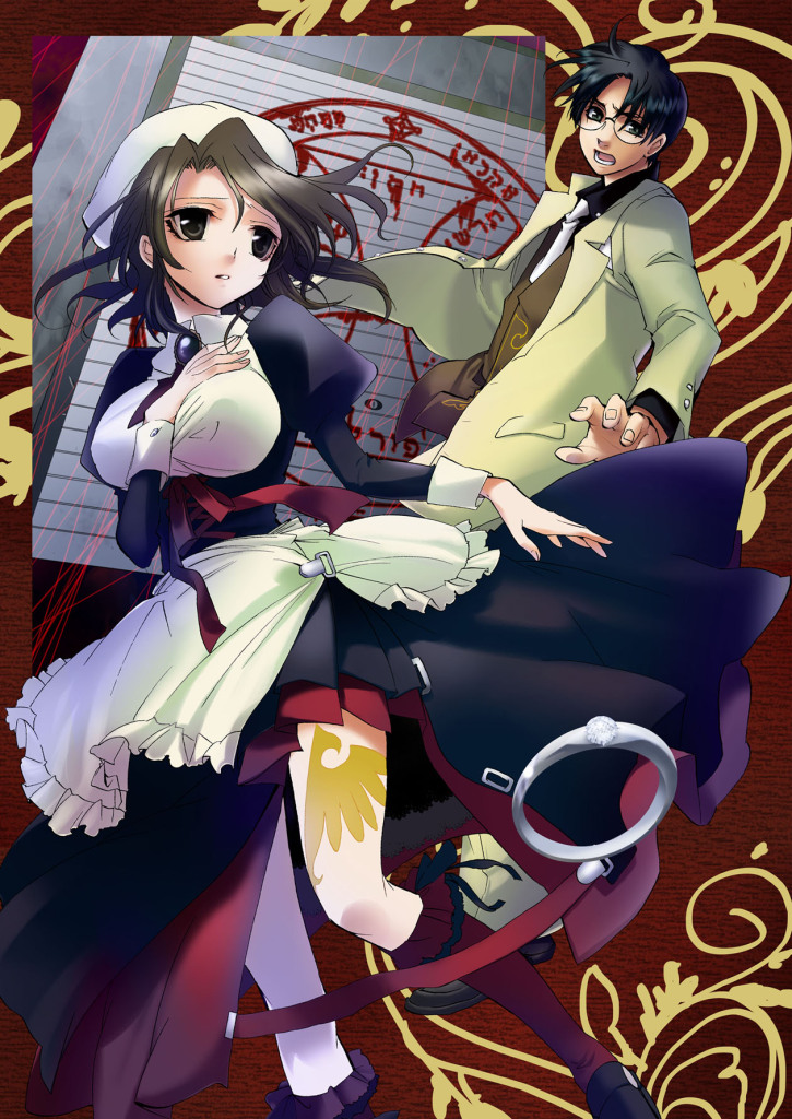natsumi kei, shannon (umineko), ushiromiya george, umineko no naku koro ni, 00s, 1boy, 1girl, :o, apron, black hair, brown hair, cover, dress, formal clothes, gem, glasses, hand on own chest, hat, kneehighs, maid, maid apron, necktie, red background, red socks, short hair, socks, suit
