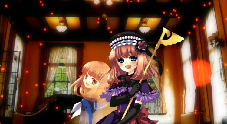 ico (pekoguest), eva beatrice, ushiromiya eva, umineko no naku koro ni, 00s, 2girls, :d, aged down, brown eyes, brown hair, child, curtains, dress, frills, holding, indoors, lamp, light rays, long sleeves, looking at viewer, multiple girls, open mouth, purple dress, rod, room, smile, staff, sunlight, window