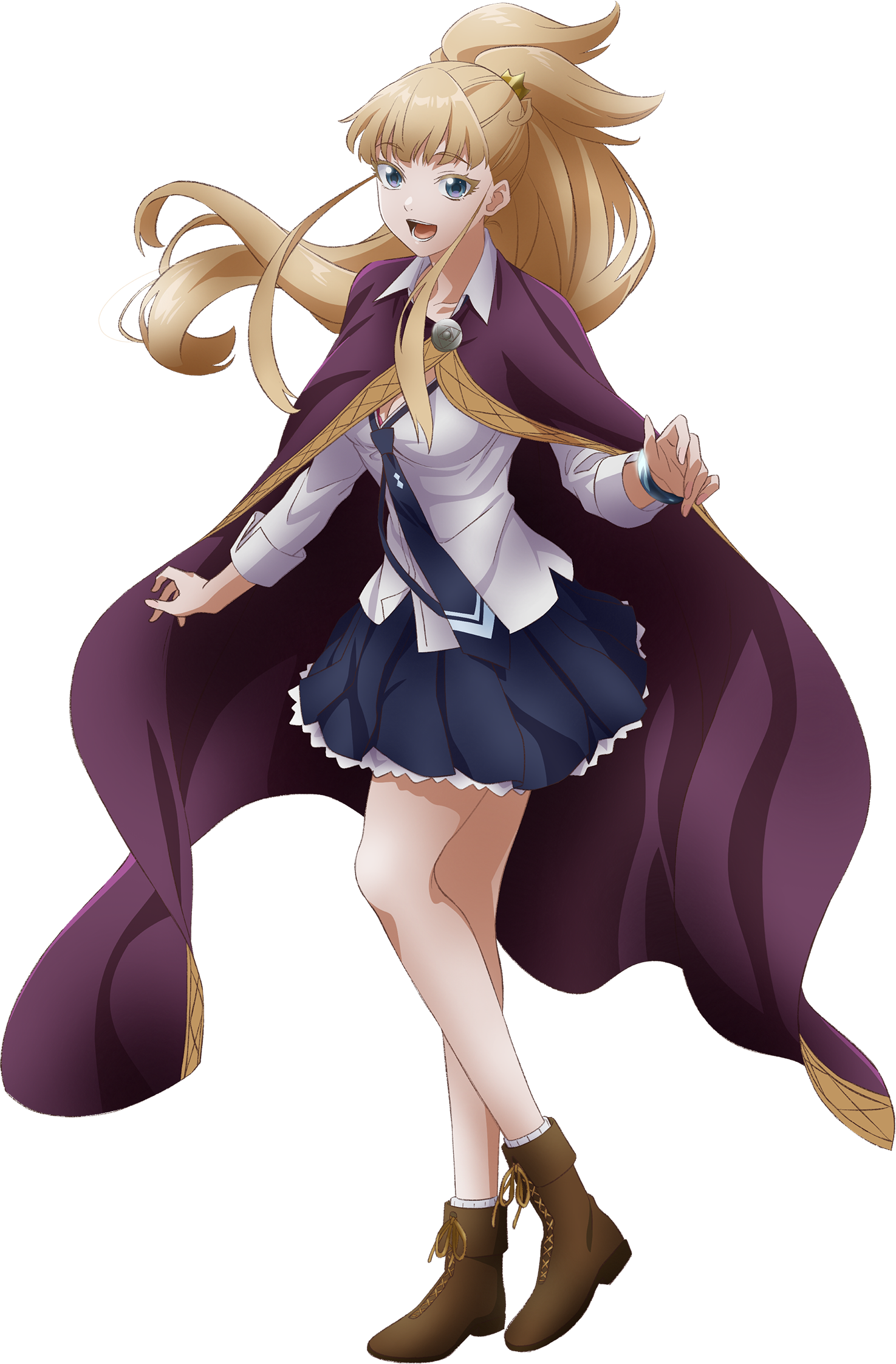 nonaka himeno, kekkon yubiwa monogatari, absurdres, highres, official art, 1girl, blonde hair, blue eyes, blue necktie, blue skin, blunt bangs, boots, bra, breasts, brown boots, brown shoes, cape, cleavage, collared shirt, colored skin, female focus, frilled skirt, frills, full body, lace-up boots, large breasts, layered skirt, legs, long hair, long sleeves, looking at viewer, miniskirt, necktie, open mouth, pink bra, pleated skirt, ponytail, purple cape, school uniform, shirt, shoes, skirt, smile, socks, solo, solo focus, teeth, thighs, tongue, tsurime, underwear, white shirt, white socks