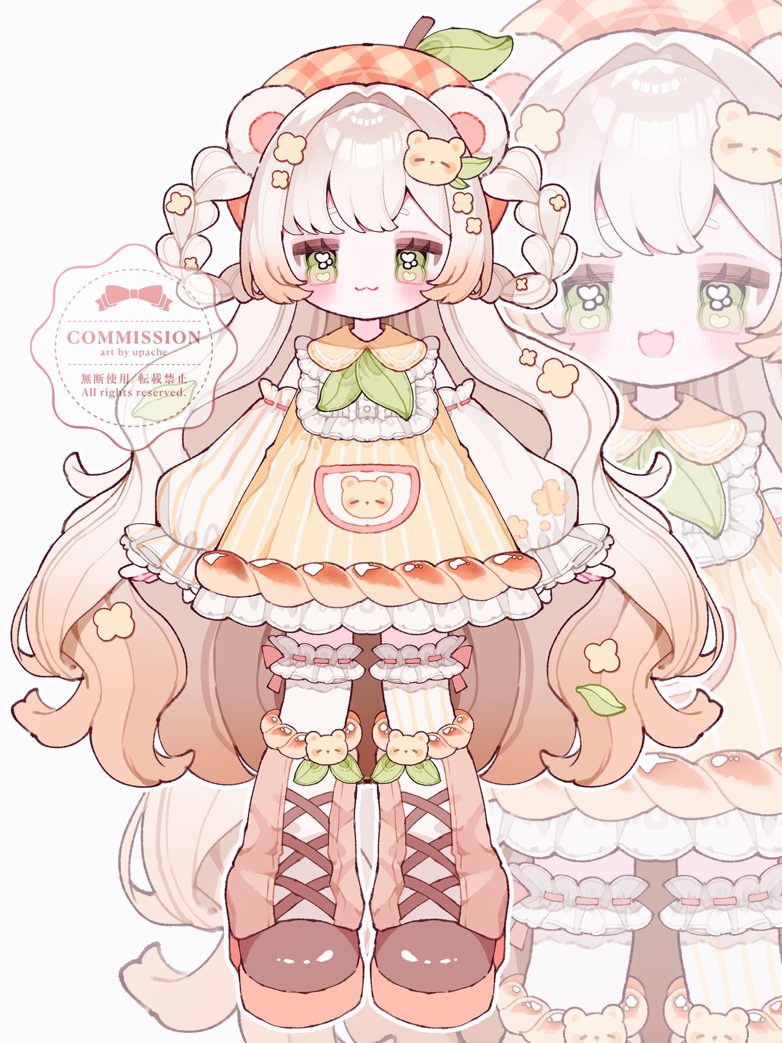 upa papa co, indie virtual youtuber, commentary request, commission, highres, 1girl, :3, :d, animal ears, artist name, bare shoulders, bear ears, bear girl, bear hair ornament, blonde hair, blush, braid, braided hair rings, brown shoes, closed mouth, collared dress, detached sleeves, different zoom layer, dress, frilled dress, frilled shirt collar, frills, full body, green eyes, hair ornament, hair rings, hat, kumacha popo, long hair, long sleeves, looking at viewer, multiple views, open mouth, orange hat, plaid hat, ribbon-trimmed thighhighs, ribbon trim, shoes, simple background, sleeveless, sleeveless dress, smile, standing, straight-on, thighhighs, very long hair, virtual youtuber, white background, white sleeves, white thighhighs, yellow dress