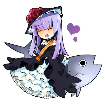 meimone, virgilia (umineko), umineko no naku koro ni, bad id, bad pixiv id, lowres, 00s, blunt bangs, chibi, fish, heart, hime cut, solo