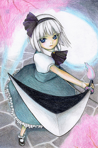 takt., konpaku youmu, konpaku youmu (ghost), touhou, bad id, bad pixiv id, traditional media, 1girl, blue eyes, female focus, hairband, hitodama, katana, solo, sword, weapon, white hair
