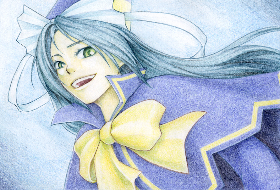 takt., mima (touhou), mystic square, touhou, touhou (pc-98), bad id, bad pixiv id, traditional media, 1girl, blue hair, female focus, green eyes, hat, ribbon, solo, wizard hat