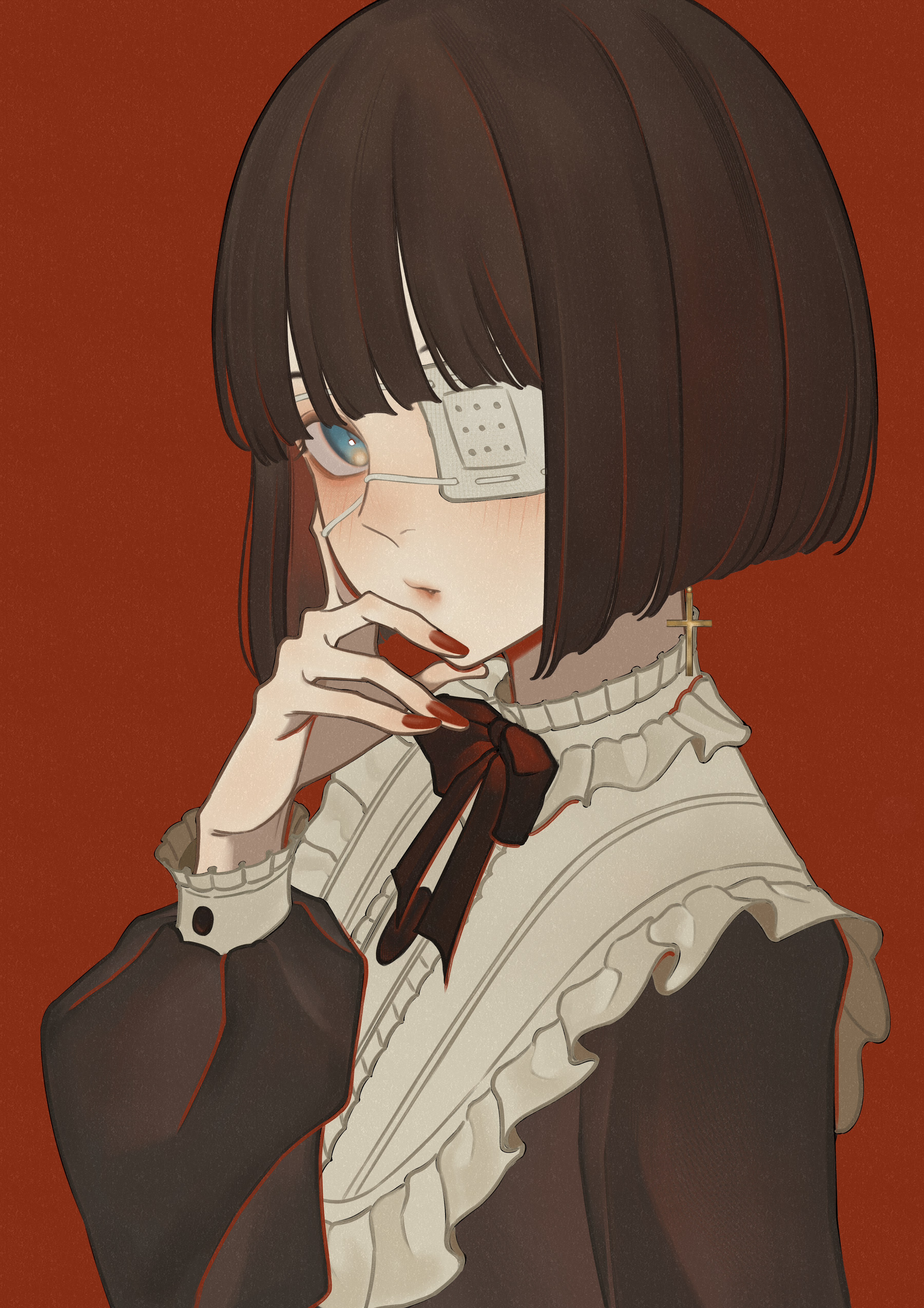 zudxpnz, original, absurdres, highres, 1girl, black dress, black hair, blue eyes, collared dress, cross, cross earrings, dress, earrings, eyepatch, hand on own cheek, hand on own face, jewelry, lolita fashion, looking at viewer, medical eyepatch, red background, red nails, short hair, solo, upper body