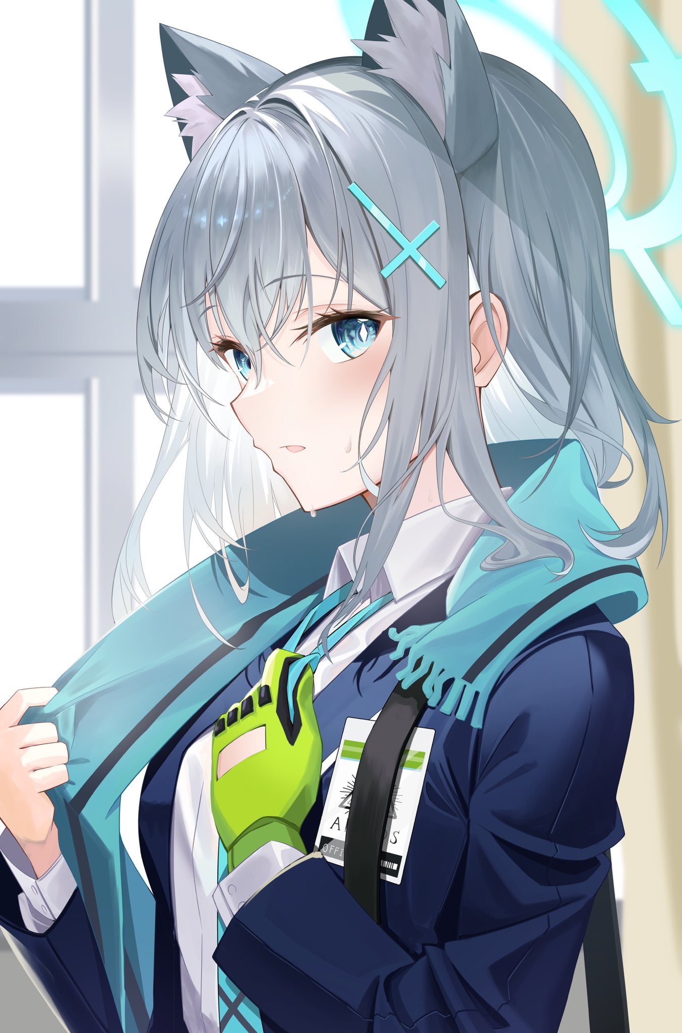 tenki nori, shiroko (blue archive), blue archive, commentary, highres, 1girl, abydos high school logo, adjusting clothes, adjusting necktie, animal ear fluff, animal ears, black jacket, blue eyes, blue necktie, blue scarf, blush, bright pupils, collared shirt, cross hair ornament, day, extra ears, eyelashes, fringe trim, gloves, green gloves, grey hair, hair between eyes, hair intakes, hair ornament, hands up, hot, id card, indoors, jacket, long sleeves, looking at viewer, medium hair, mismatched pupils, necktie, open clothes, open jacket, open mouth, pulling own clothes, scarf, scarf pull, school uniform, shirt, single glove, solo, sweat, upper body, white pupils, white shirt, window, wolf ears, wolf girl