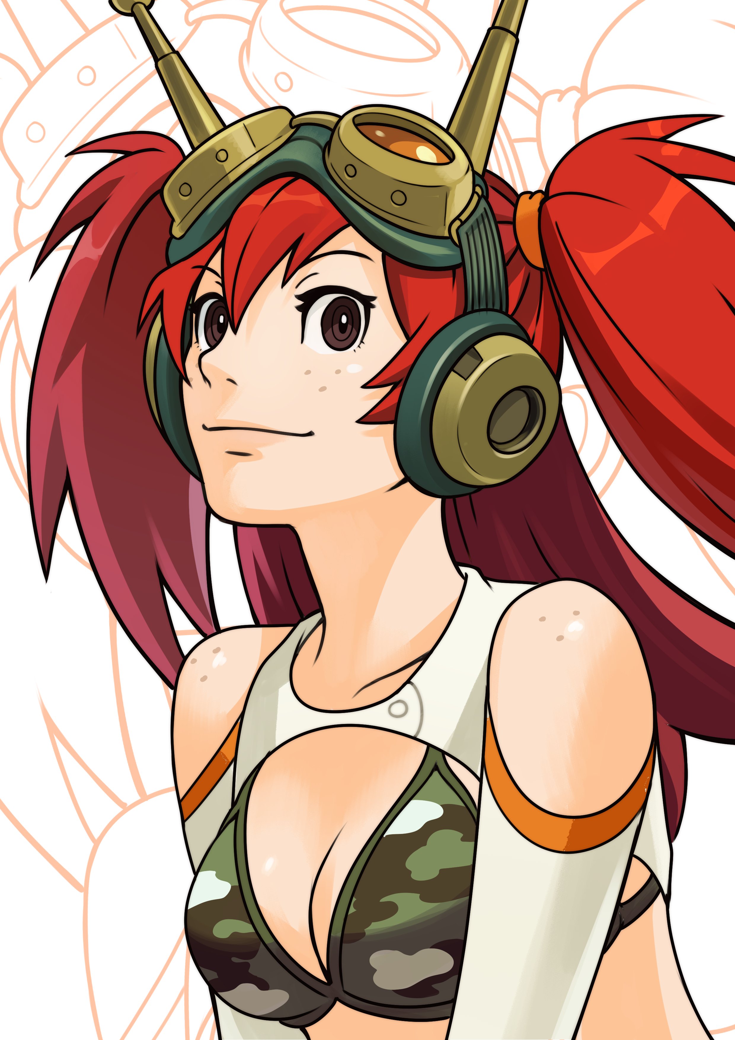nifast (greentail), ace attorney, original, absurdres, commentary, english commentary, highres, 1girl, bikini, bikini top only, body freckles, breasts, brown eyes, camouflage, camouflage bikini, cleavage, detached sleeves, freckles, goggles, goggles on head, green bikini, hair between eyes, headphones, long hair, looking at viewer, medium breasts, parody, red hair, shoulder freckles, shrug (clothing), smile, solo, style parody, swimsuit, truck (nifast (greentail)), two side up, upper body, white background, white sleeves