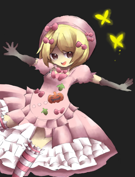 lambdadelta, umineko no naku koro ni, bad id, bad pixiv id, 00s, 1girl, beret, bow, bug, butterfly, female focus, hat, insect, jack-o'-lantern, pink hat, pumpkin, solo
