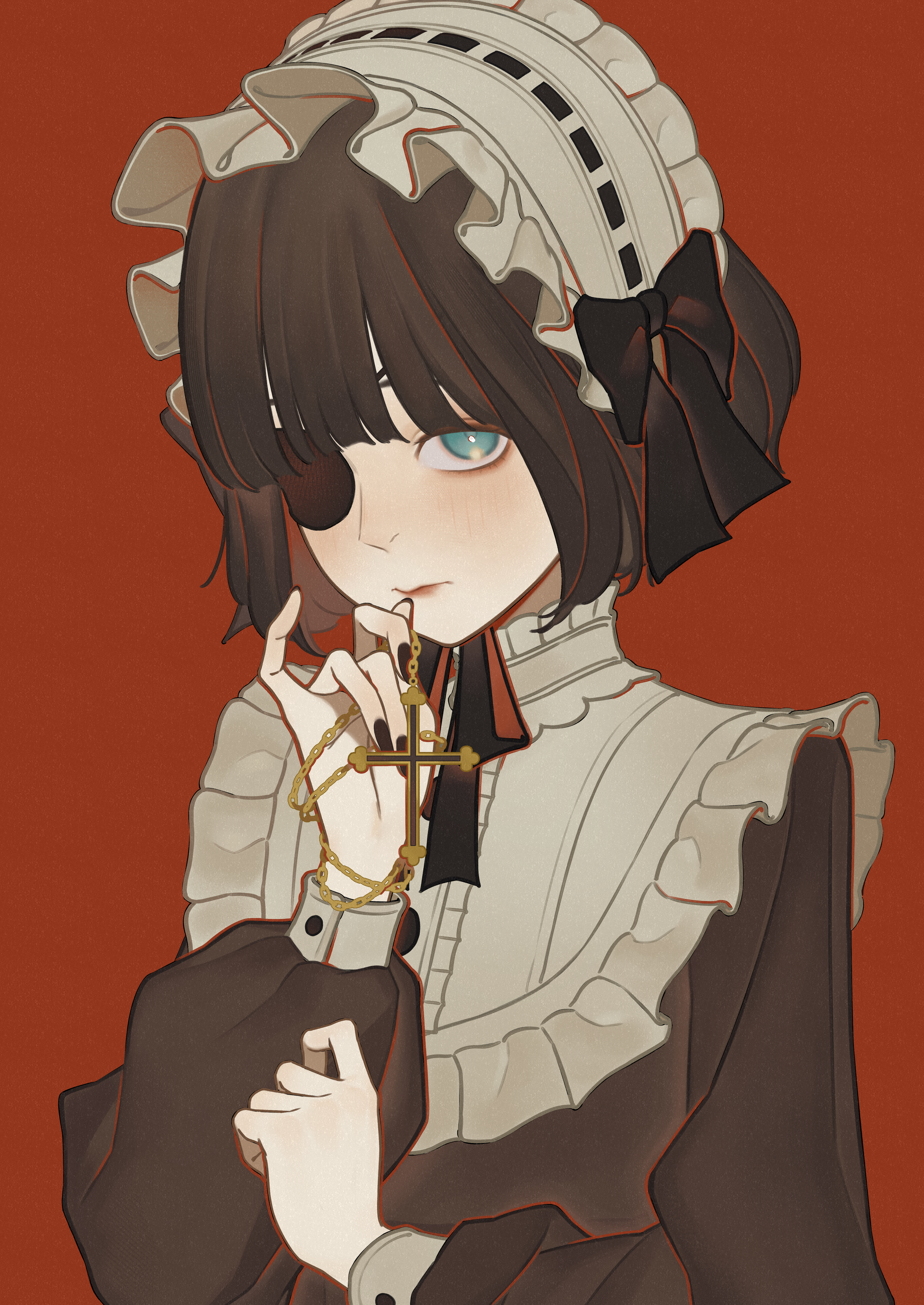 zudxpnz, original, absurdres, highres, 1girl, black dress, black hair, black nails, blue eyes, collared dress, cross, cross necklace, dress, expressionless, eyepatch, hairband, holding, holding jewelry, holding necklace, jewelry, lolita fashion, lolita hairband, looking at viewer, necklace, red background, short hair, solo, upper body